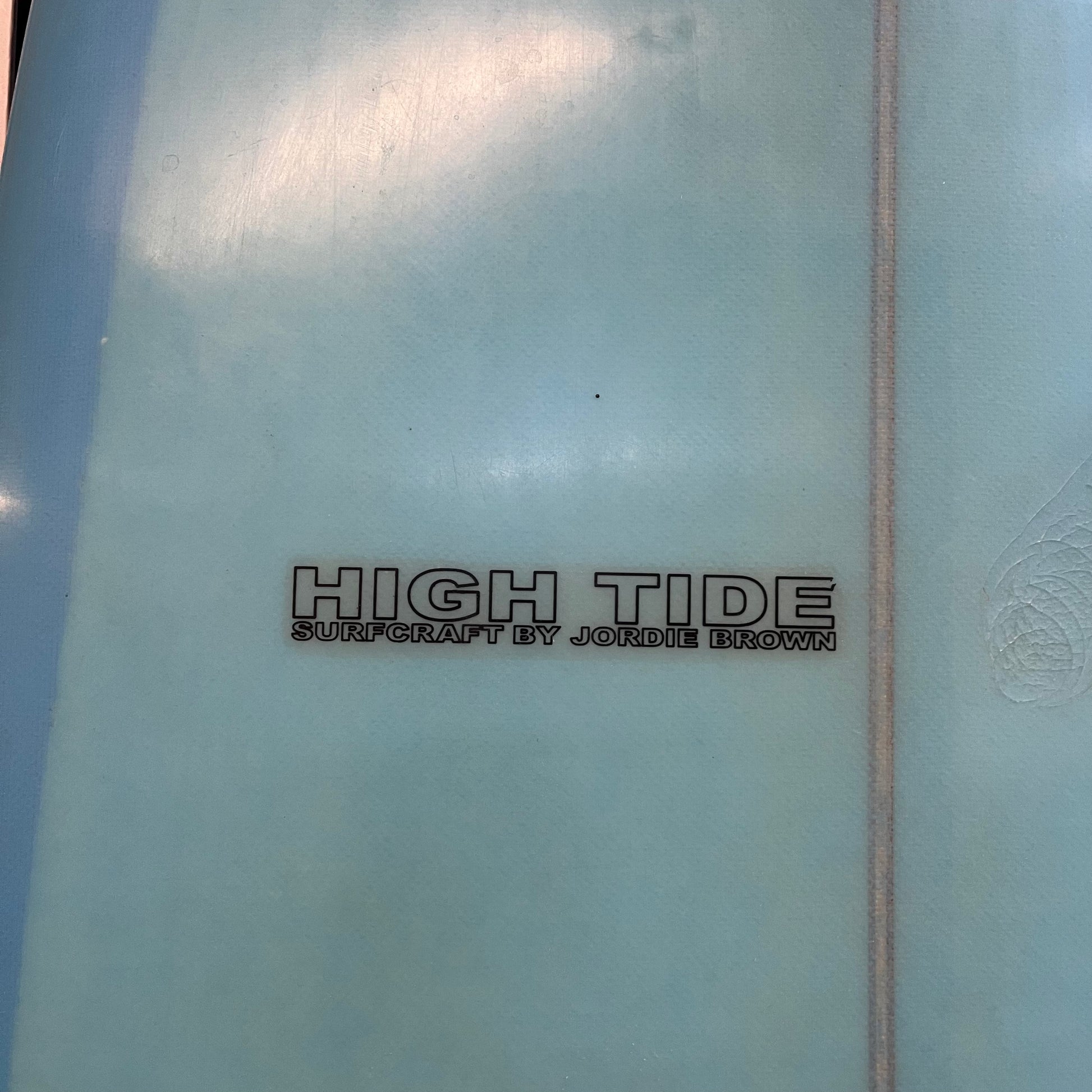 Hightide performance longboard 9'2" secondhand surfboard brand logo name close-up
