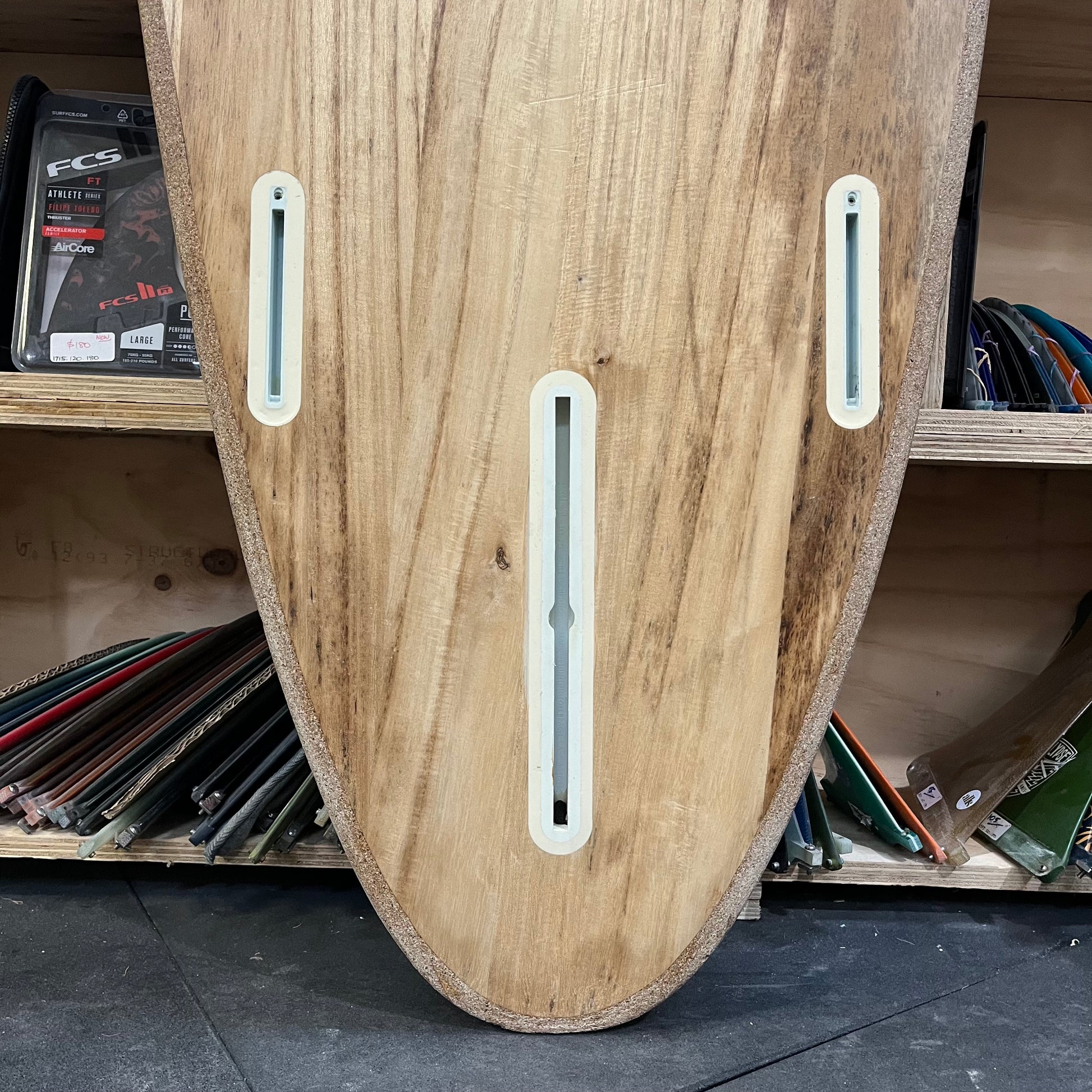 Hughies cork mid-length 7'11" secondhand surfboard fin box close-up