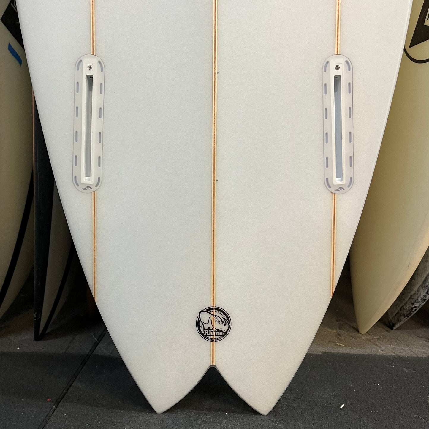 Joel Fitzgerald Surfboards Cosmic Twin 6'8" secondhand surfboard fin box close-up