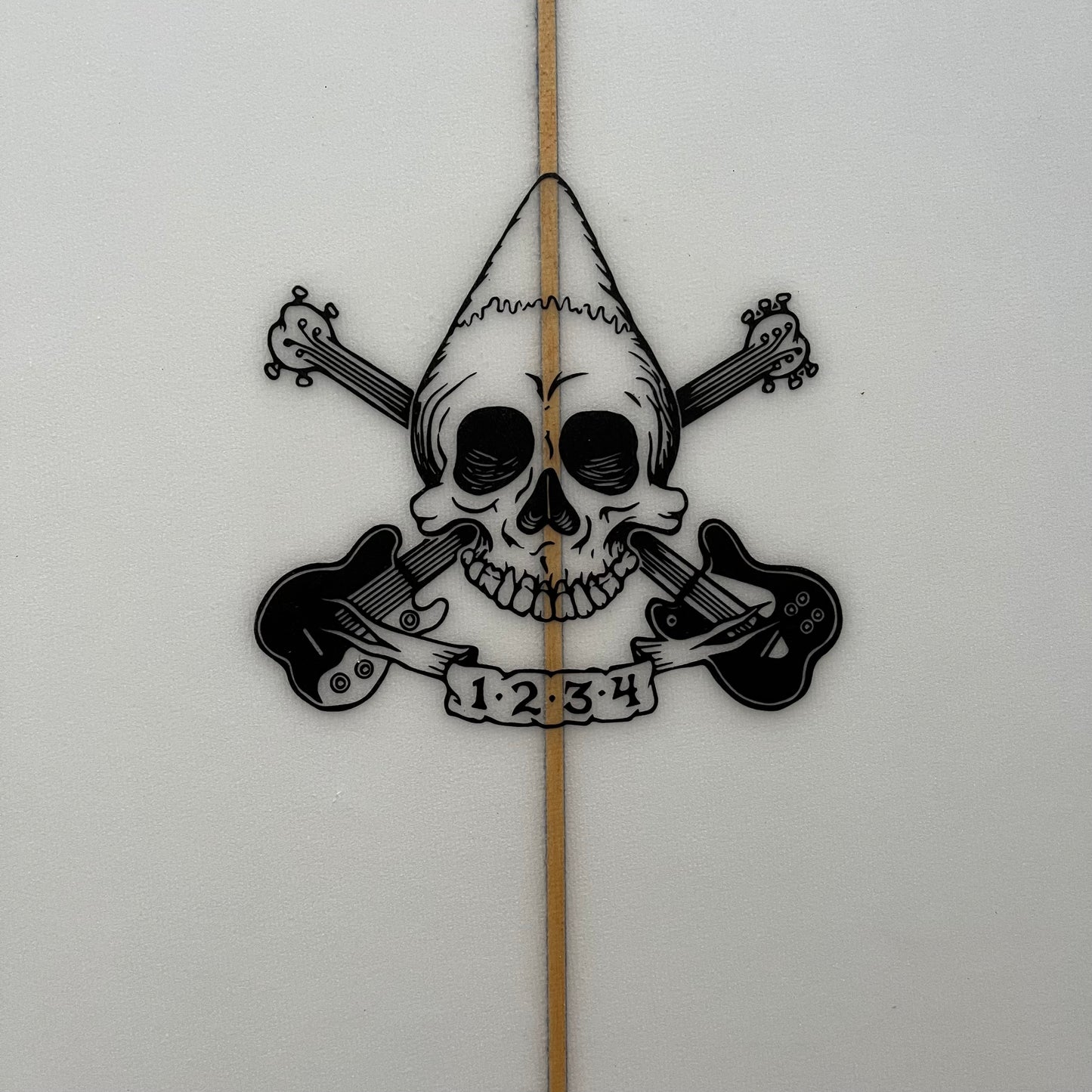 Jolly Roger 1234 6'2" secondhand surfboard brand logo close-up