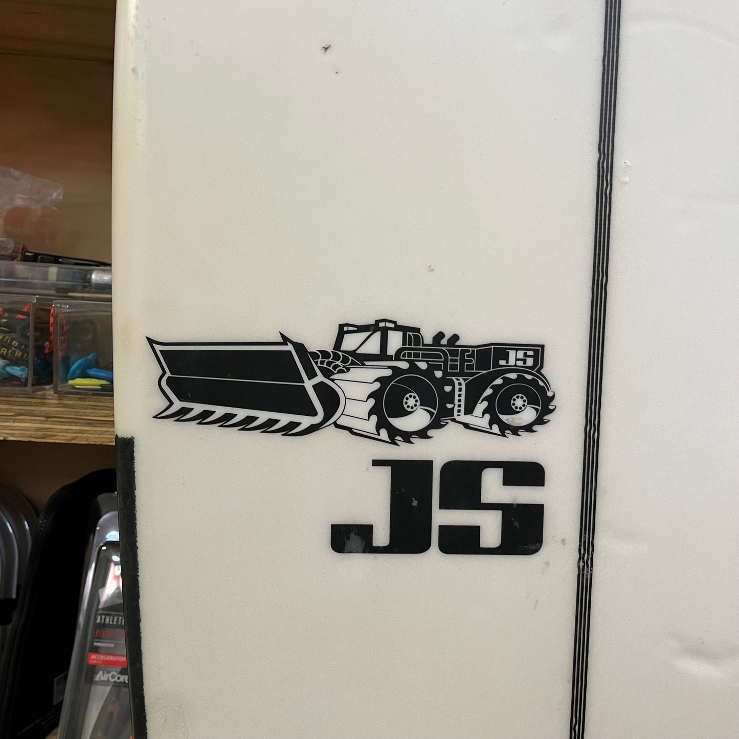 JS Industries Blak Box 3 6'4" secondhand surfboard brand logo close-up
