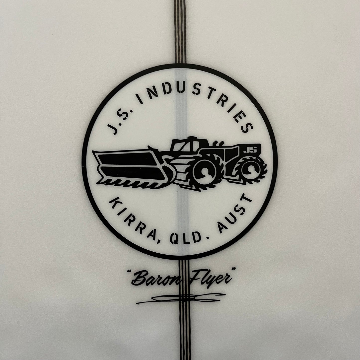 JS Industries Baron Flyer 5'10" secondhand surfboard brand logo close-up