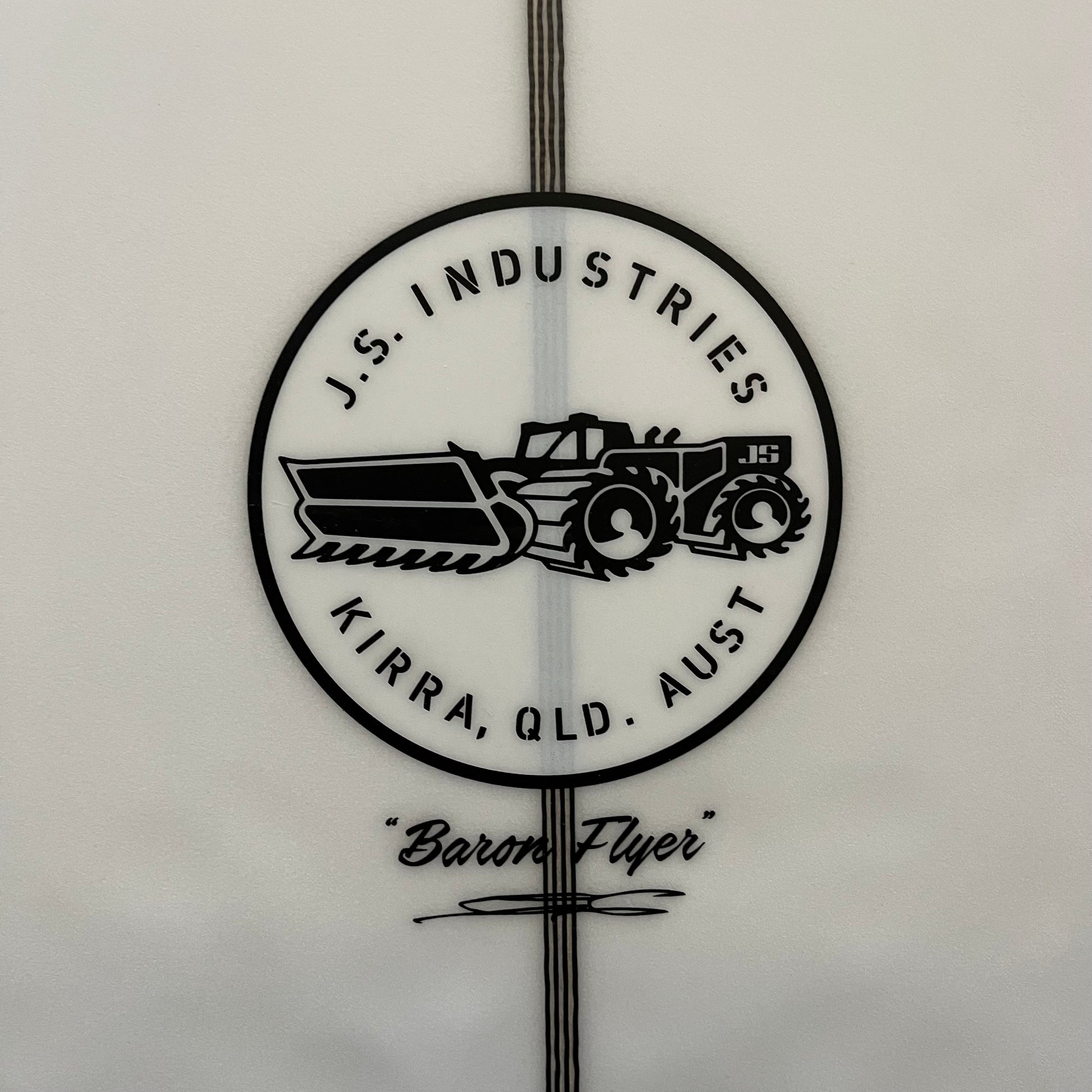 JS Industries Baron Flyer 5'10" secondhand surfboard brand logo close-up