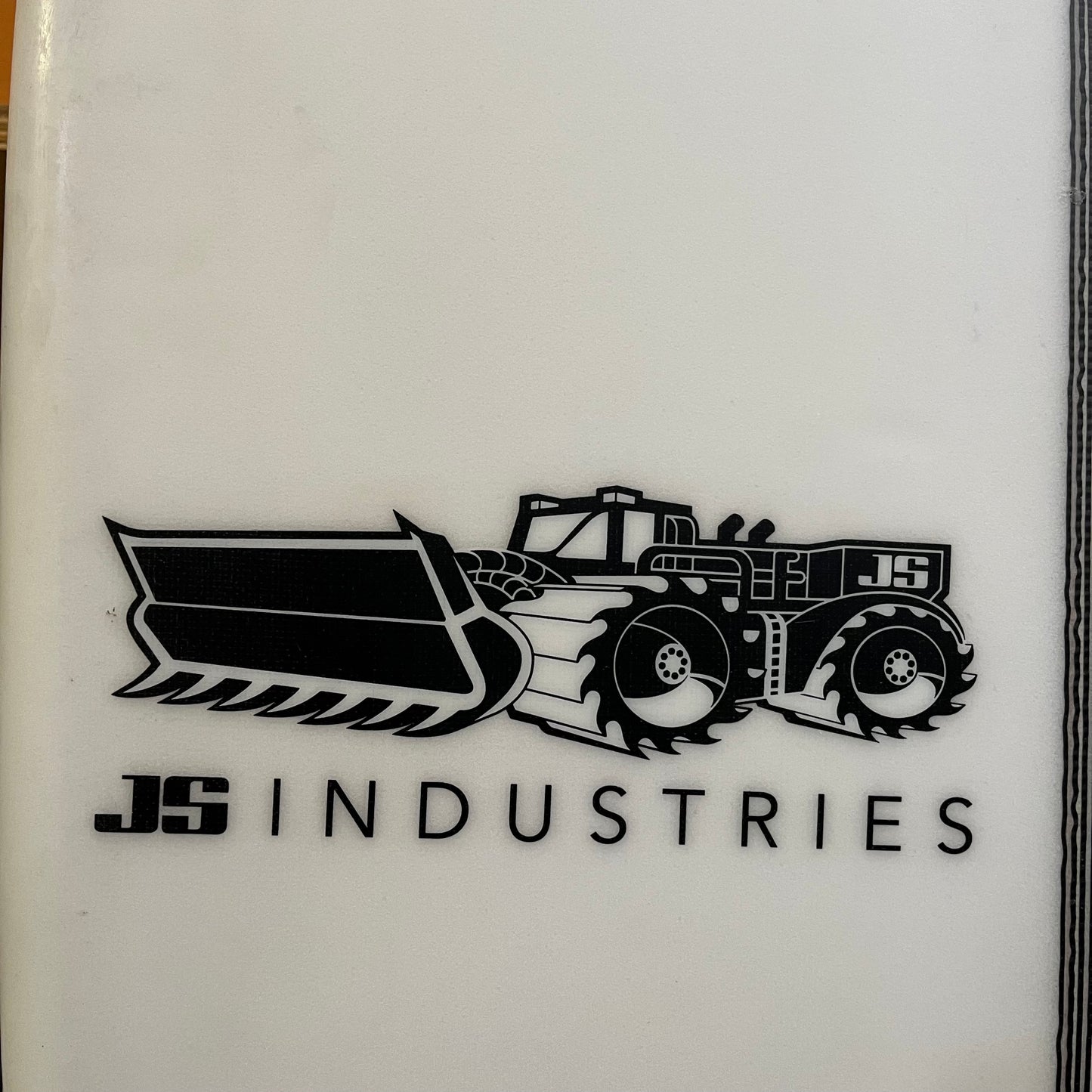 JS Industries Monsta Box 7'2" secondhand surfboard brand logo close-up