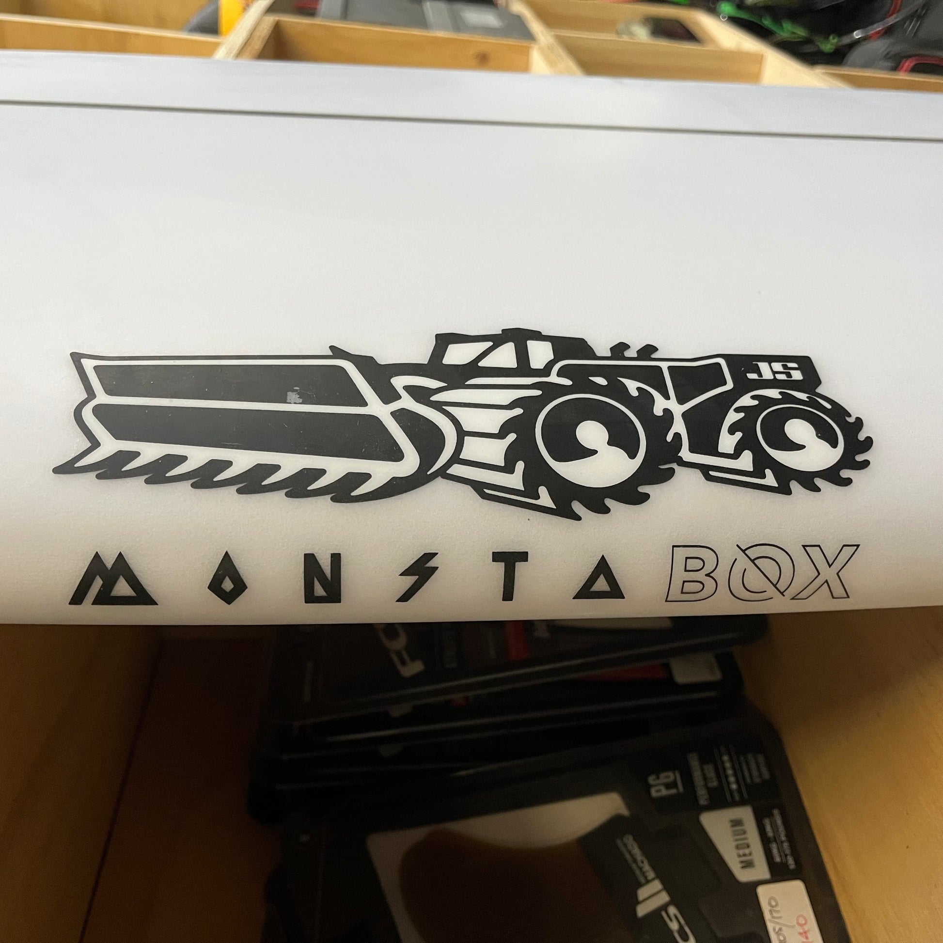 JS Industries Monsta Box 6'7" secondhand surfboard model logo close-up