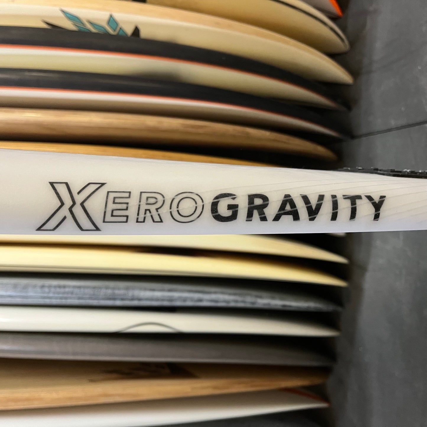JS Industries Xero Gravity 5'8" secondhand surfboard model logo close-up