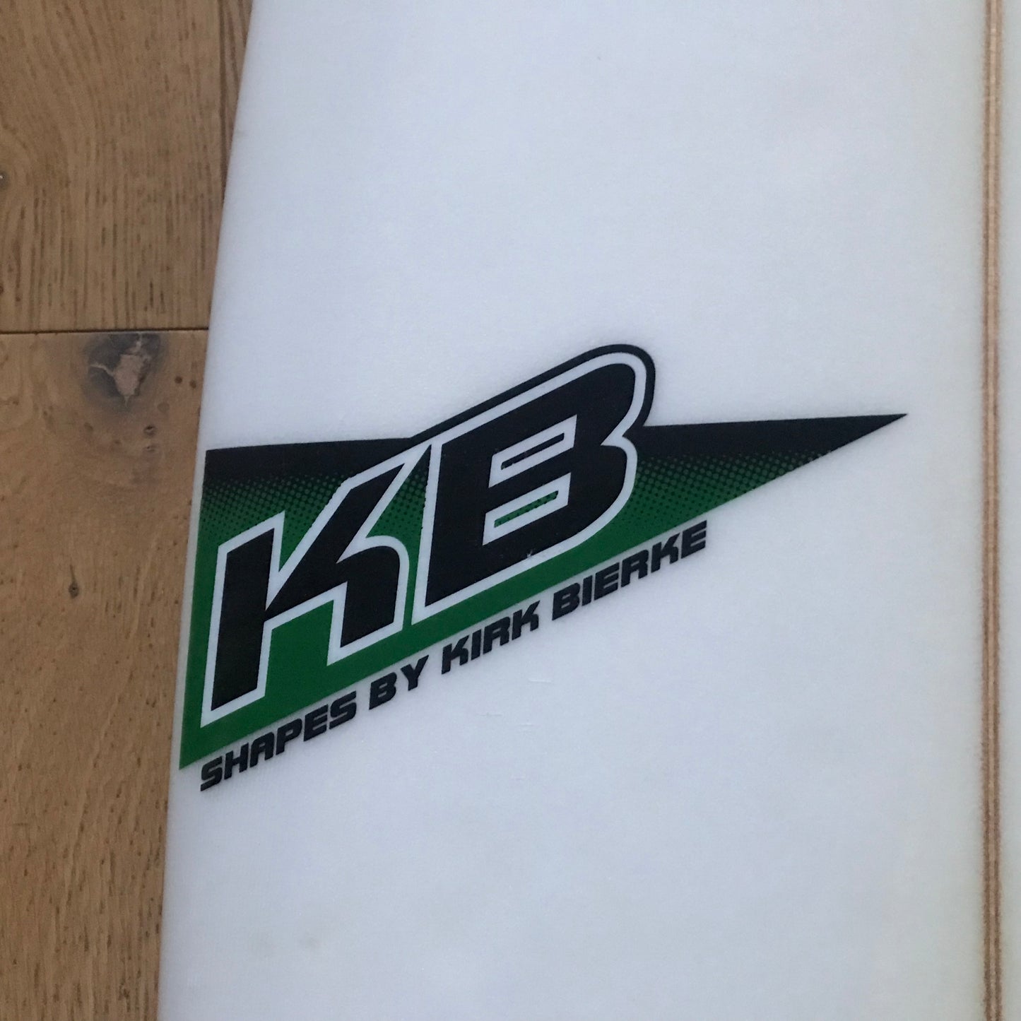 Kirk Bierke Step-Up 6'4" secondhand surfboard brand logo close-up