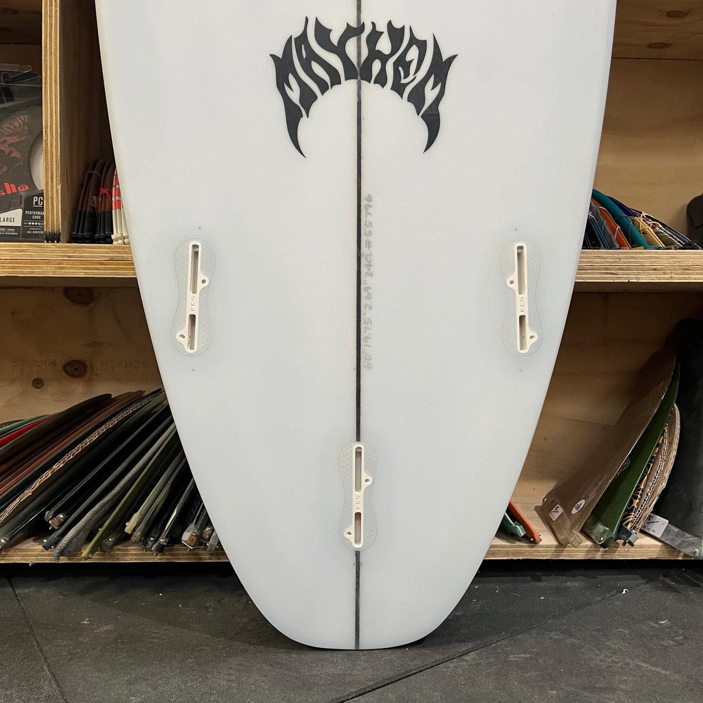 Lost Mayhem Big Rig Driver 6'0" secondhand surfboard fin box close-up