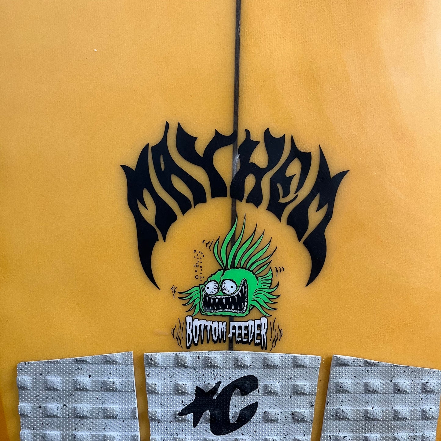 Lost Mayhem Bottom Feeder 5'8" secondhand surfboard model logo close-up