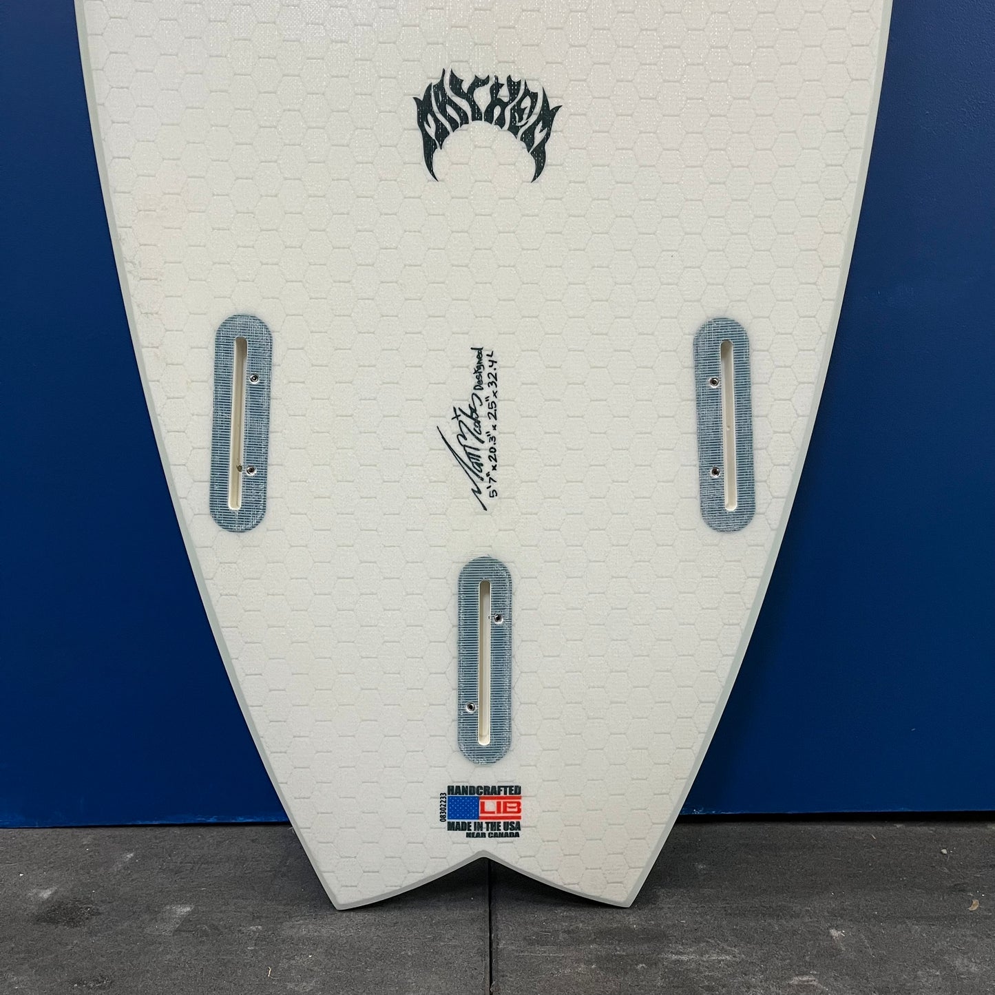 Lost Mayhem RNF 96 Libtech 5'7" secondhand surfboard fin box close-up