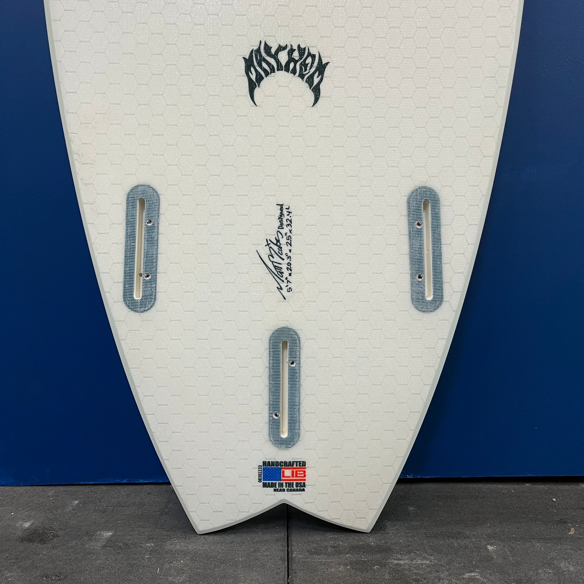 Lost Mayhem RNF 96 Libtech 5'7" secondhand surfboard fin box close-up