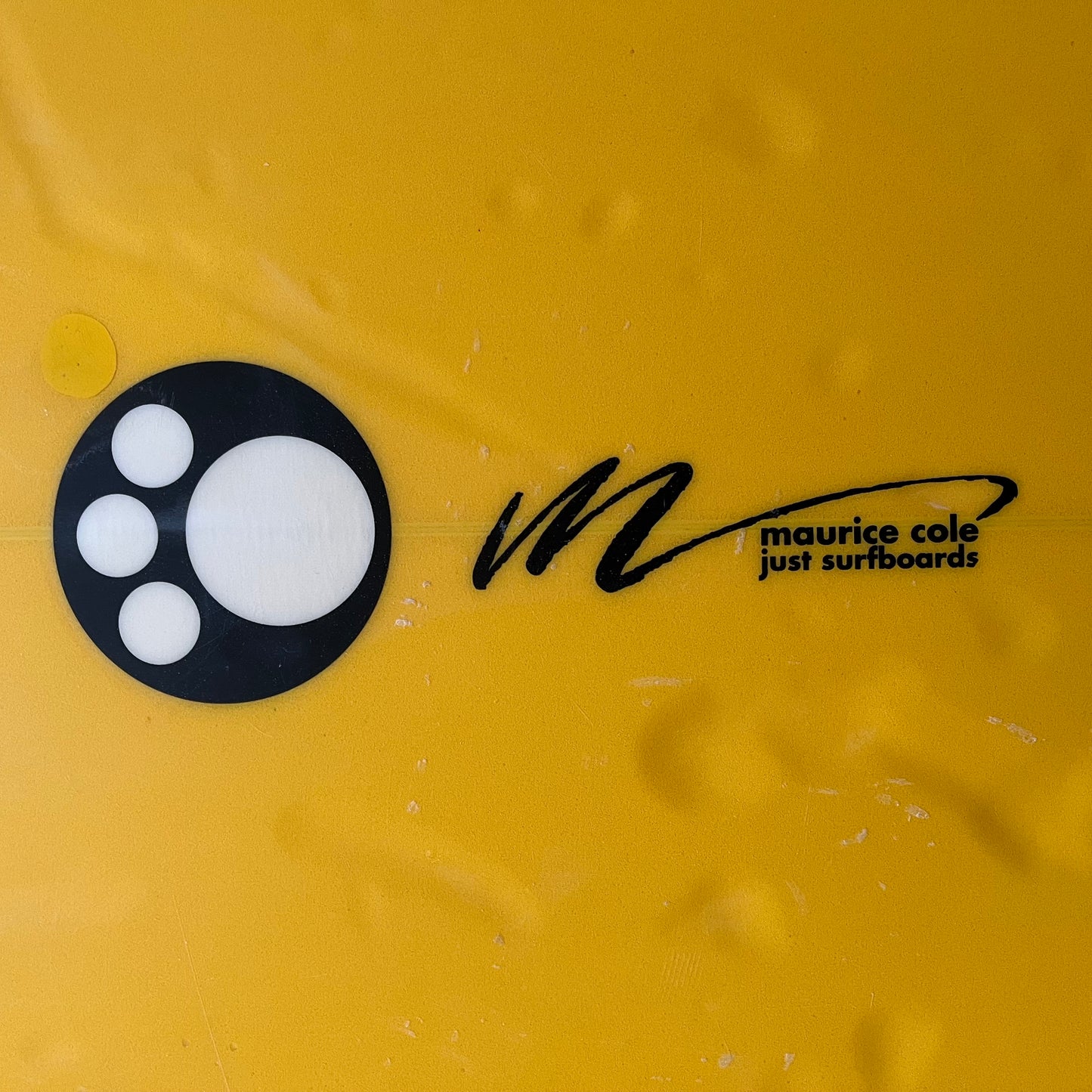 Maurice Cole Shiva 5'11" secondhand surfboard brand logo close-up