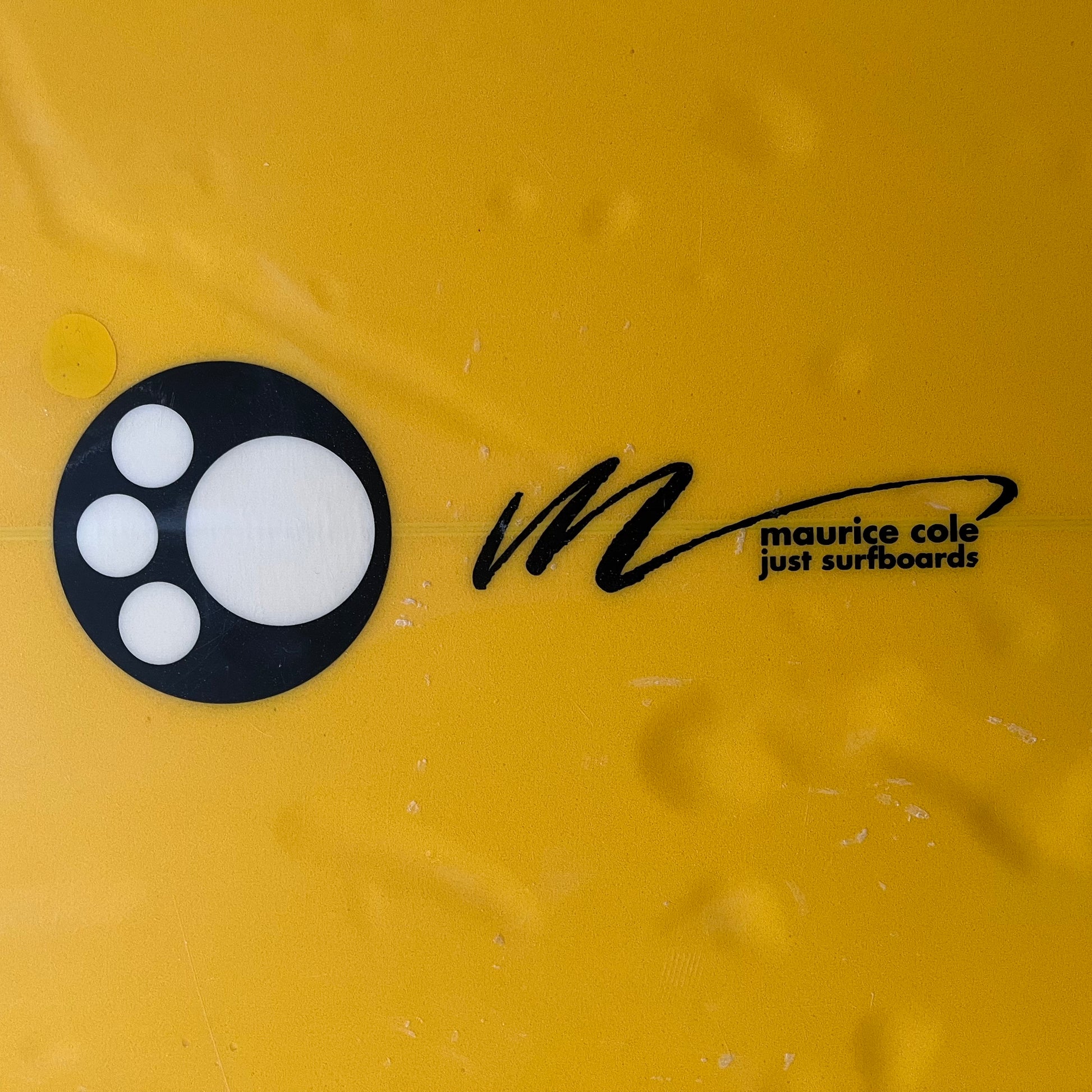 Maurice Cole Shiva 5'11" secondhand surfboard brand logo close-up
