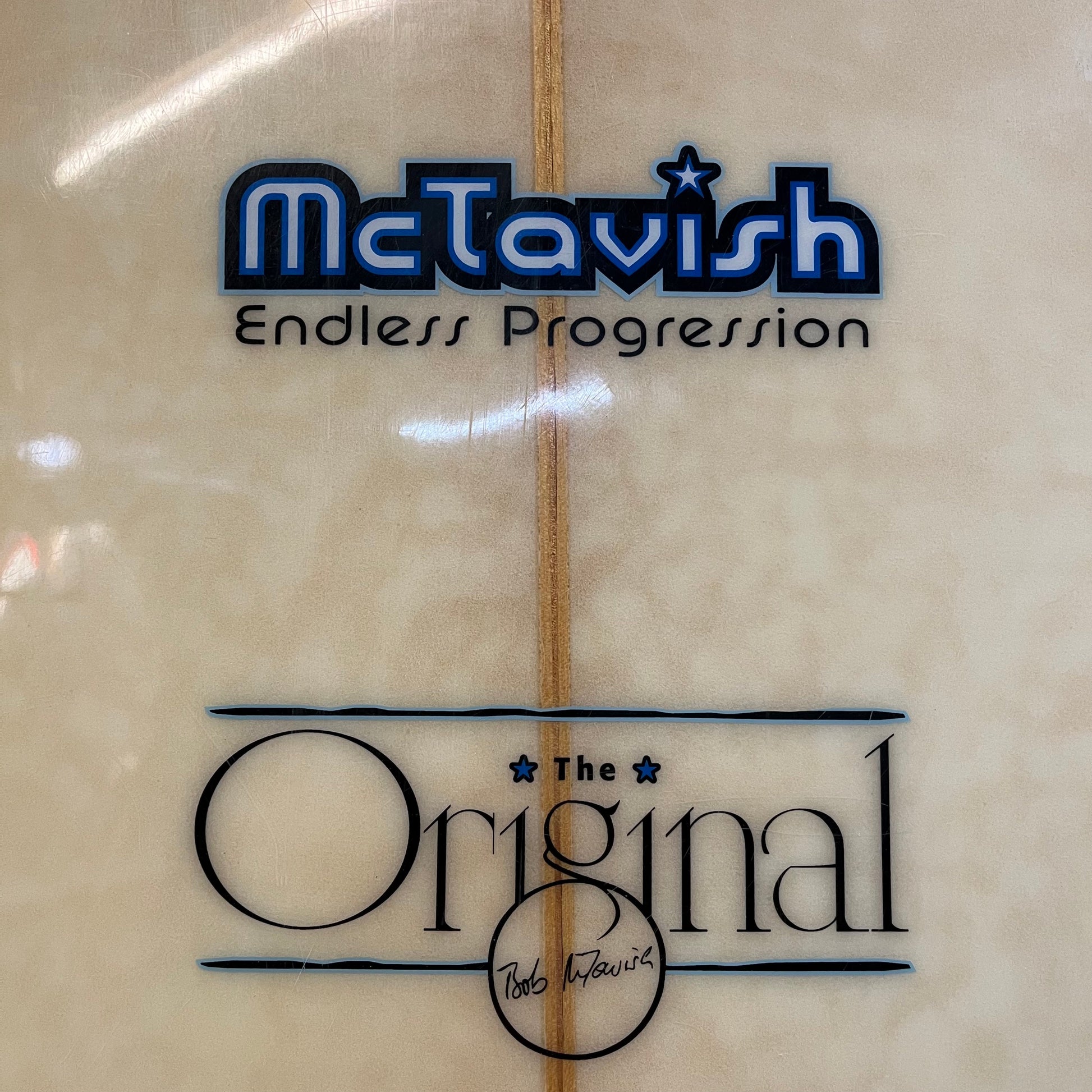 McTavish The Original 9'4" secondhand surfboard model logo close-up