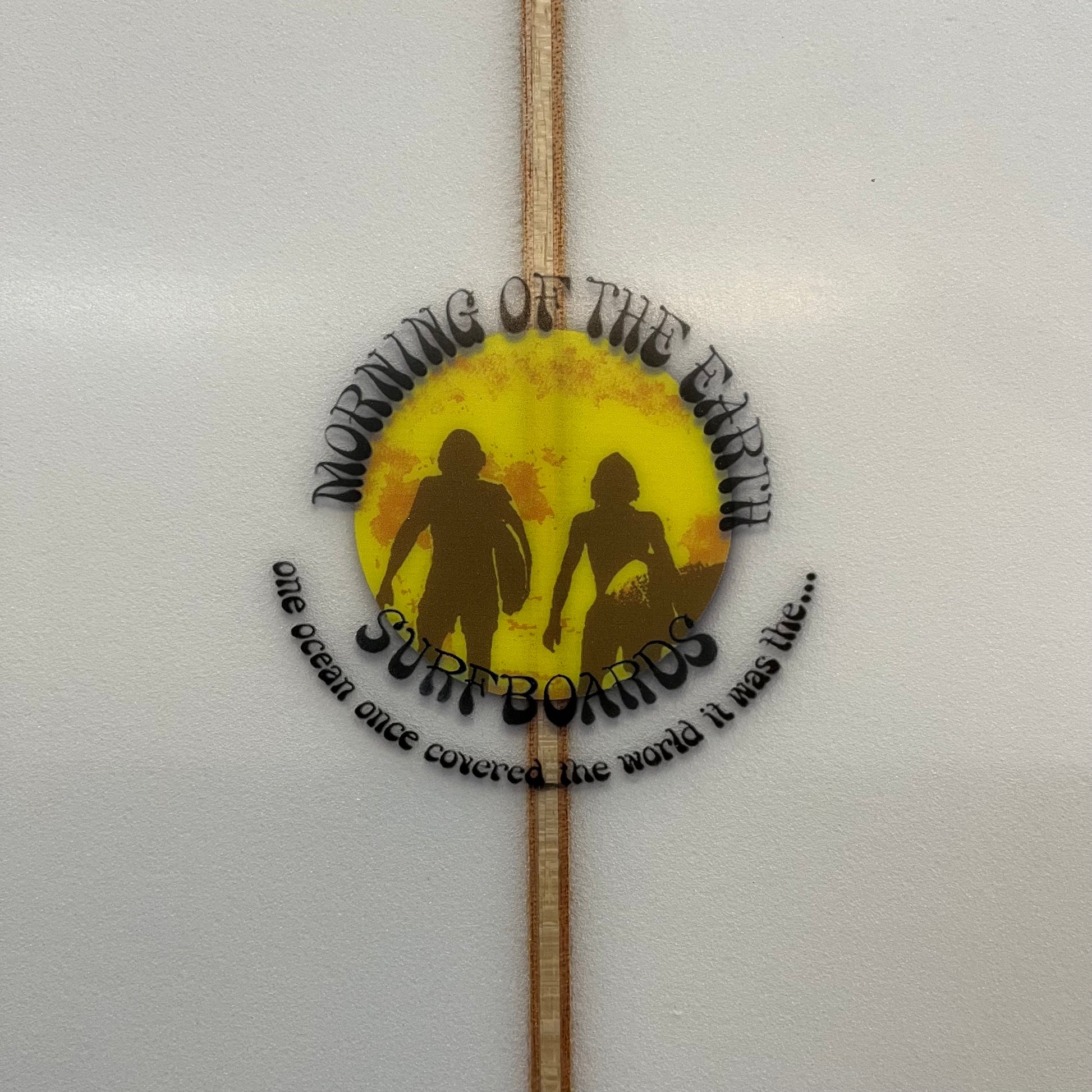 Morning of the Earth Massive 7'10" secondhand surfboard brand logo close-up