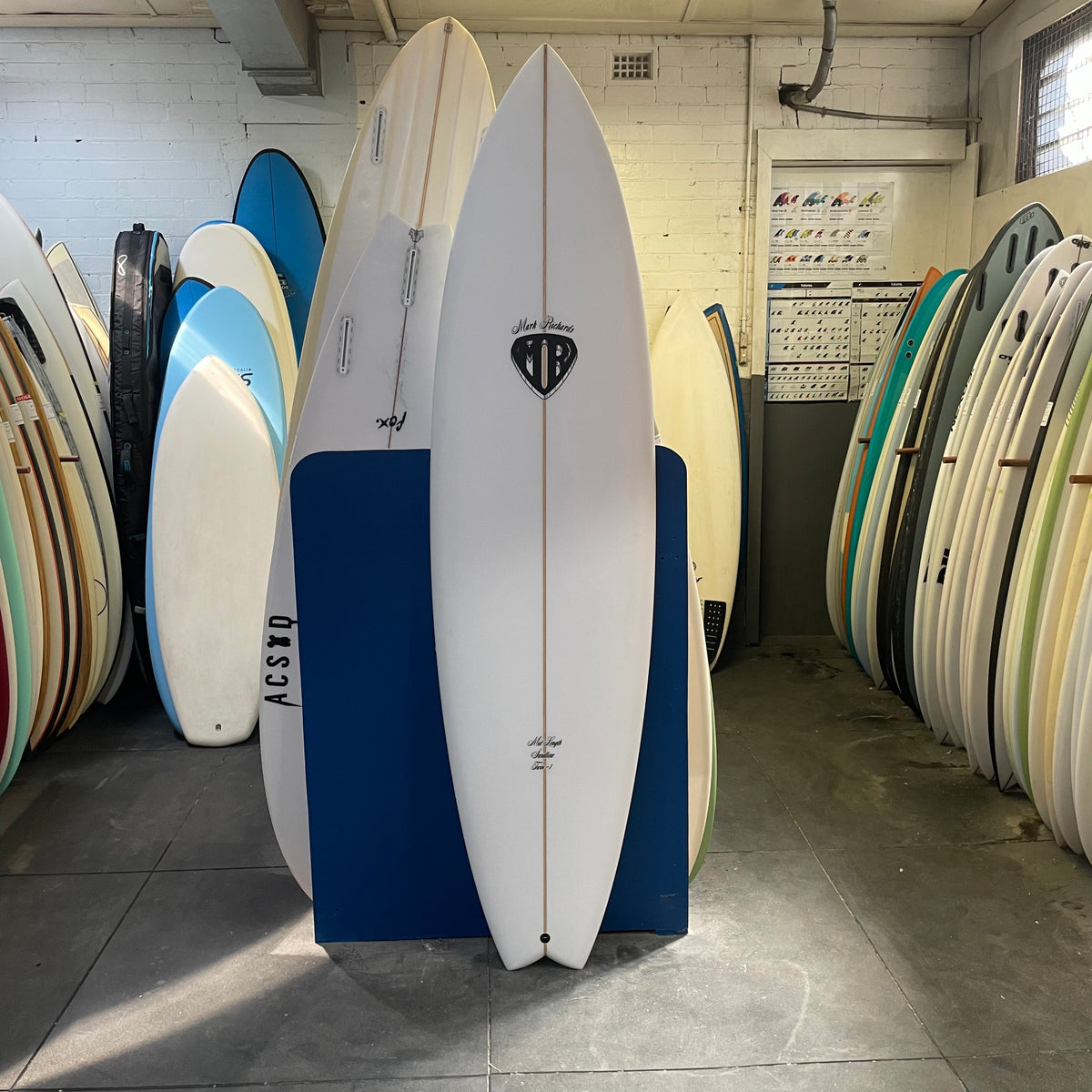 MR Mid Length Swallow Twin + 1 7'4" secondhand surfboards top view