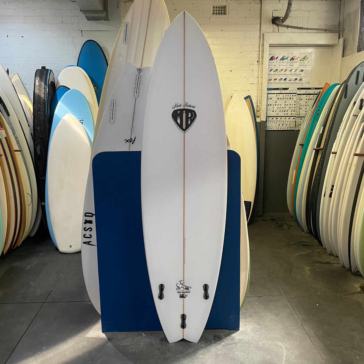 MR Mid Length Swallow Twin + 1 7'4" secondhand surfboards bottom view