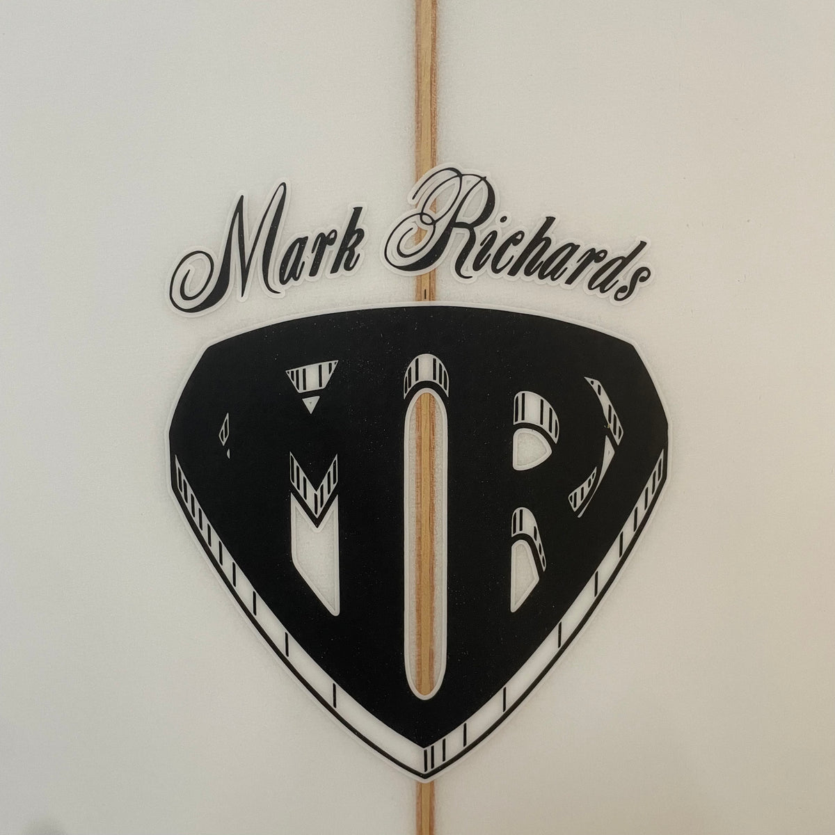MR Mid Length Swallow Twin + 1 7'4" secondhand surfboards brand logo close-up