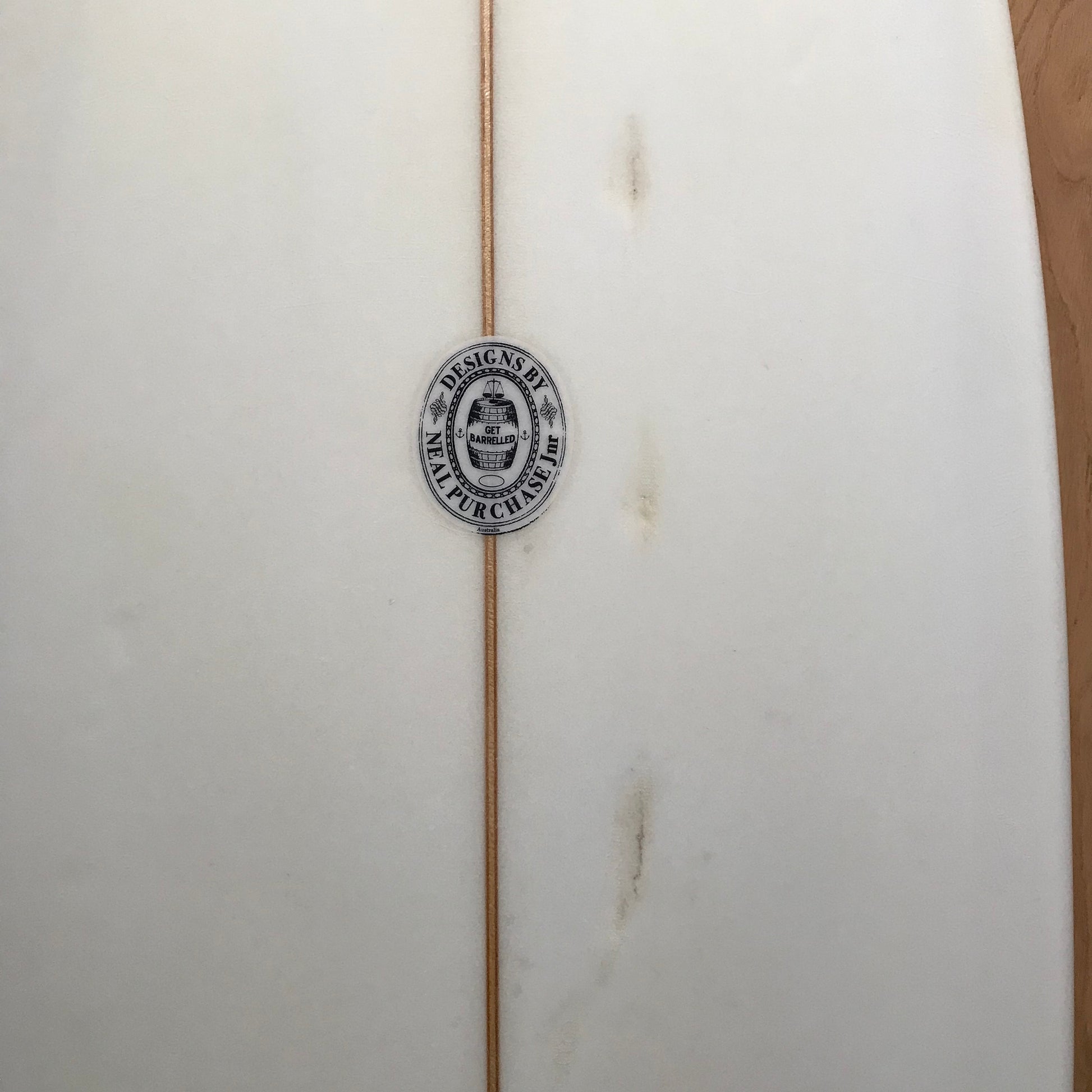 Neal Purchase Junior Snub 6'6" secondhand surfboard brand logo close-up