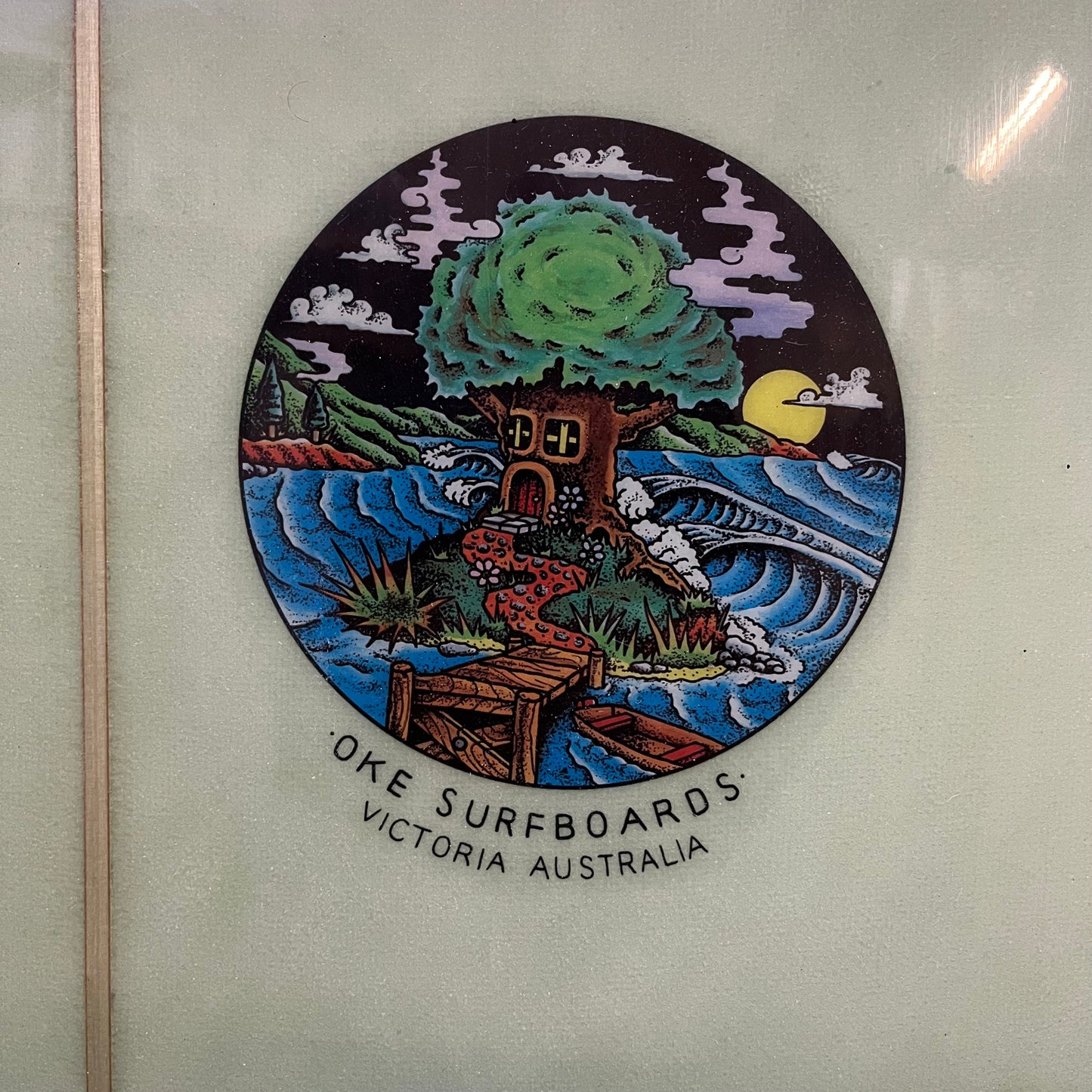 Oke Surfboards Chok's Mal 9'4" secondhand surfboard brand logo close-up