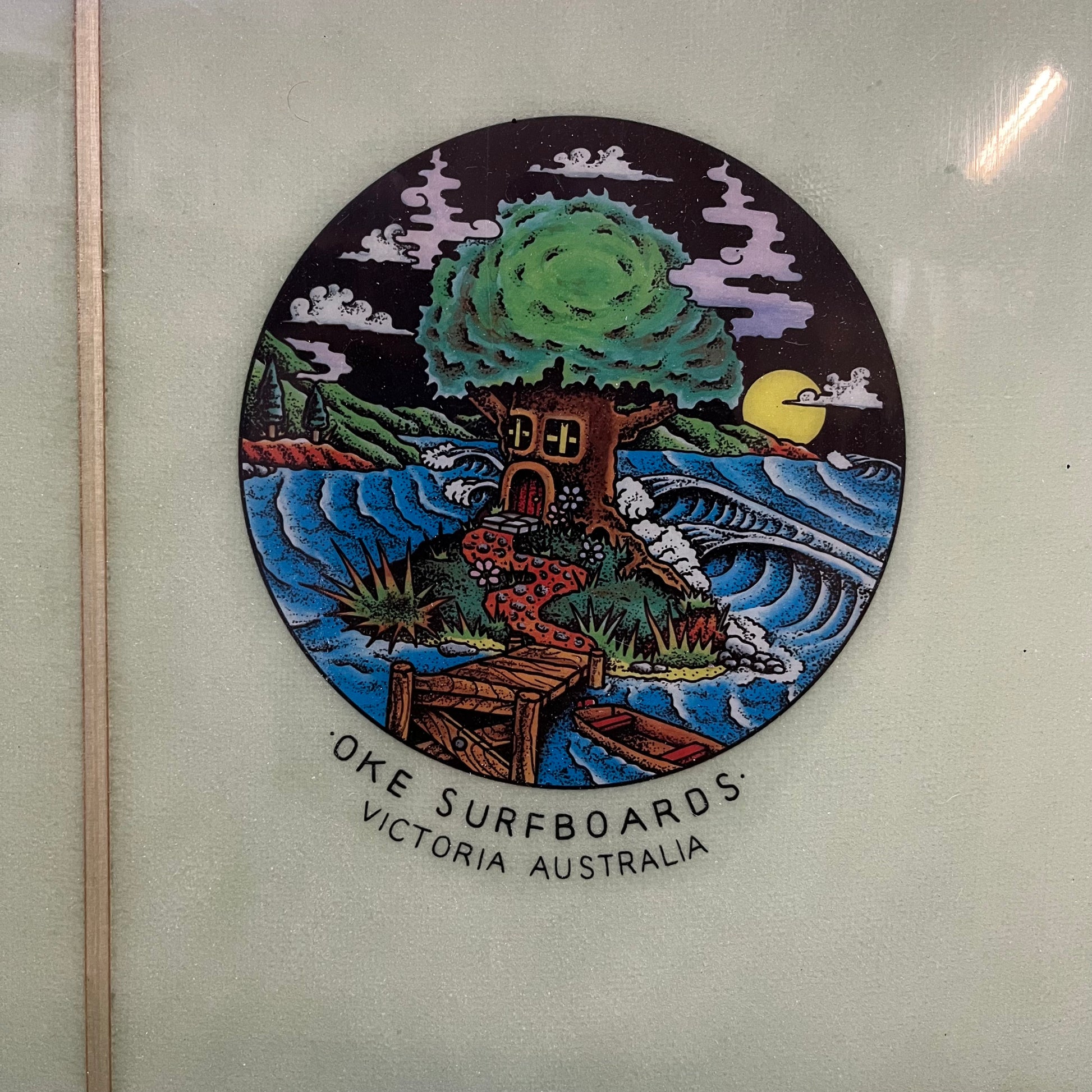 Oke Surfboards Chok's Mal 9'4" secondhand surfboard brand logo close-up