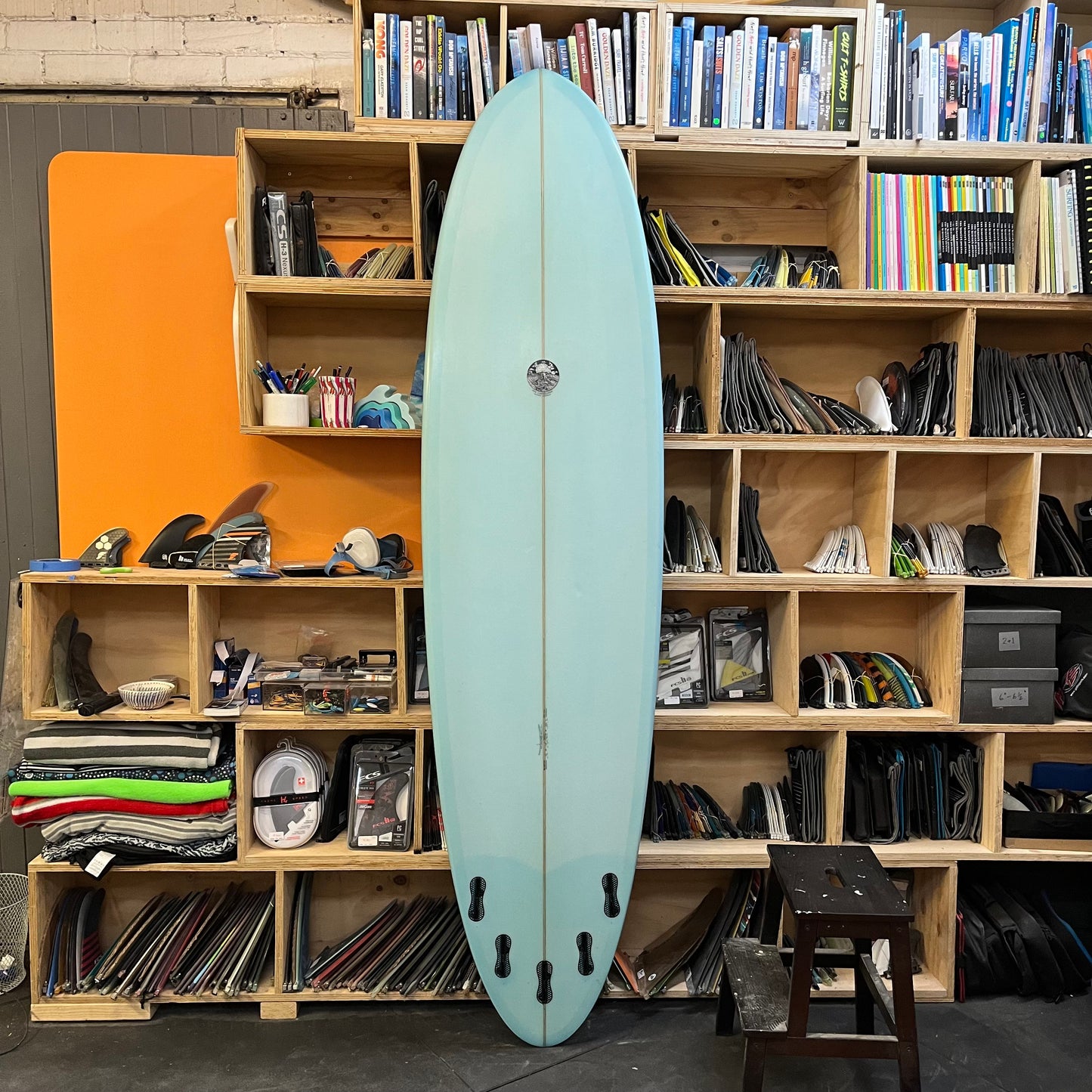 Oke Surfboards mid length 7'10" secondhand surfboard bottom view