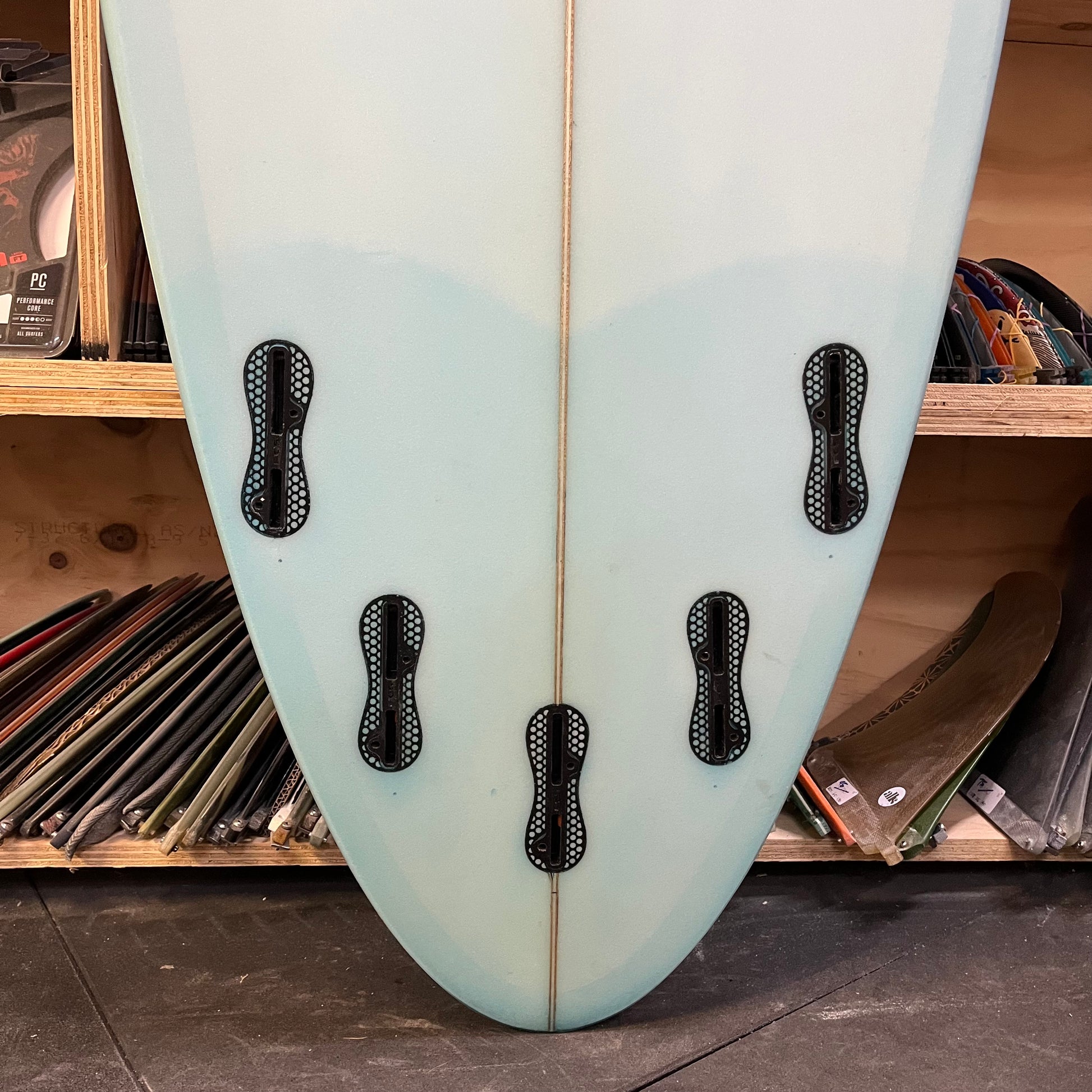 Oke Surfboards mid length 7'10" secondhand surfboard fin box close-up