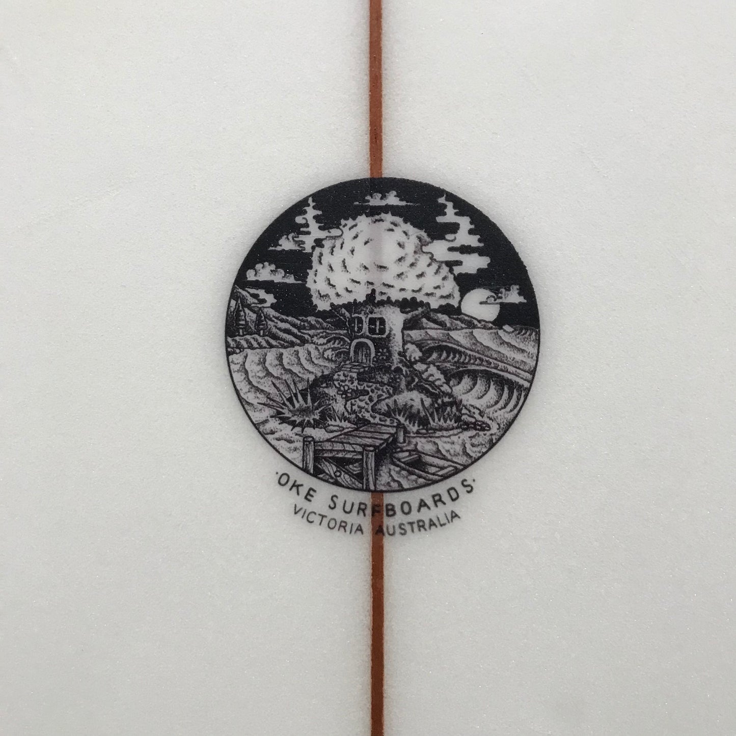 Oke Surfboards Twin Pin 6'2" secondhand surfboard brand logo close-up