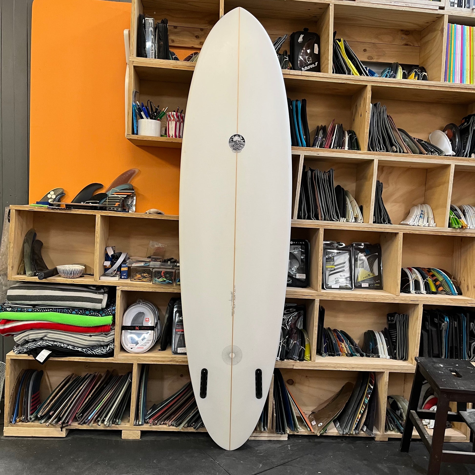 Oke Surfboards twin pin 7'0" secondhand surfboard bottom view