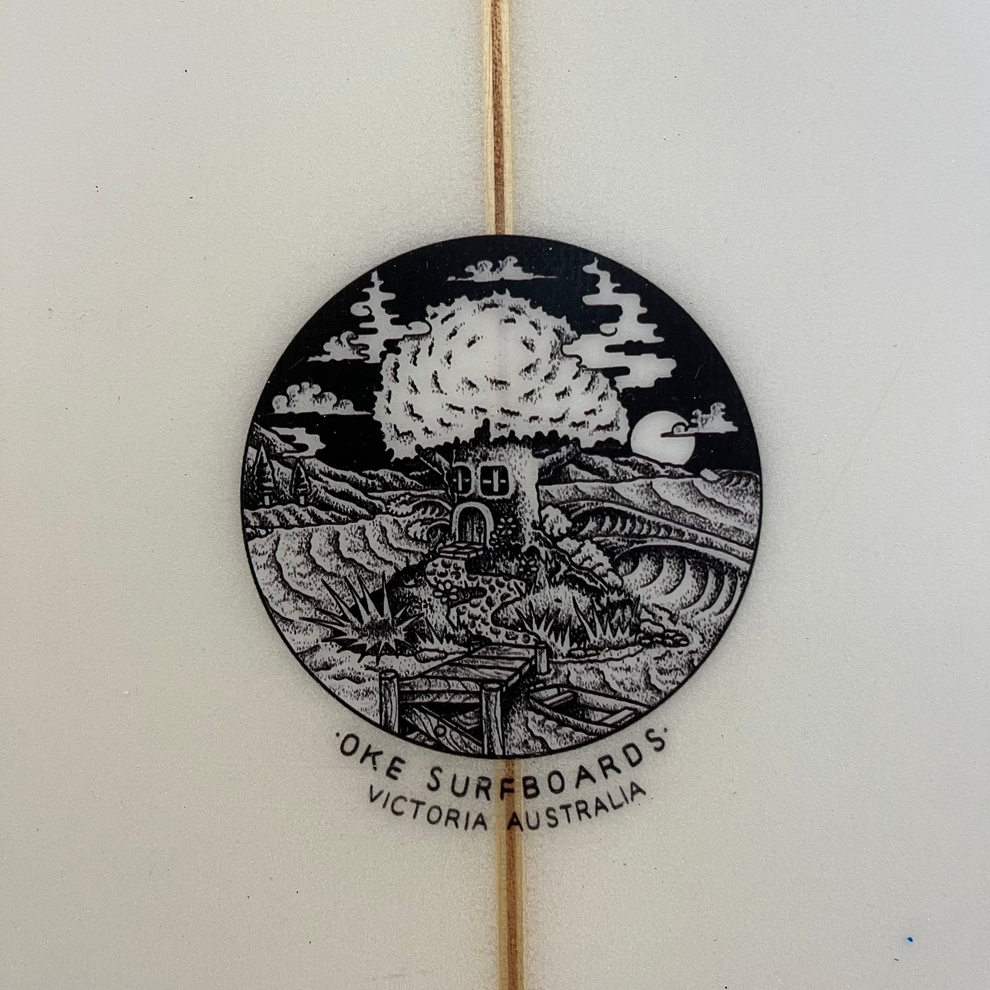 Oke Surfboards twin pin 7'0" secondhand surfboard brand logo close-up