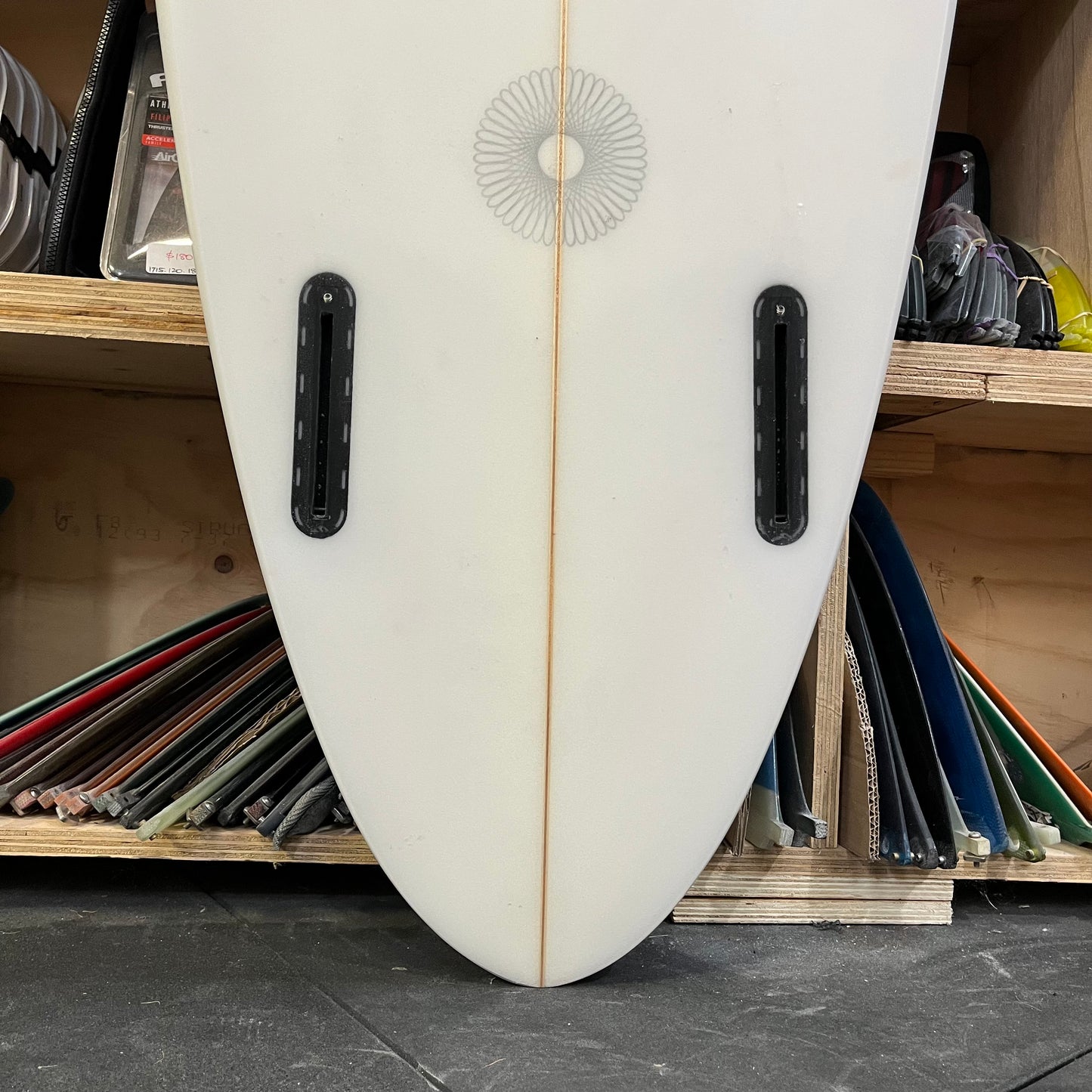 Oke Surfboards twin pin 7'0" secondhand surfboard fin box close-up