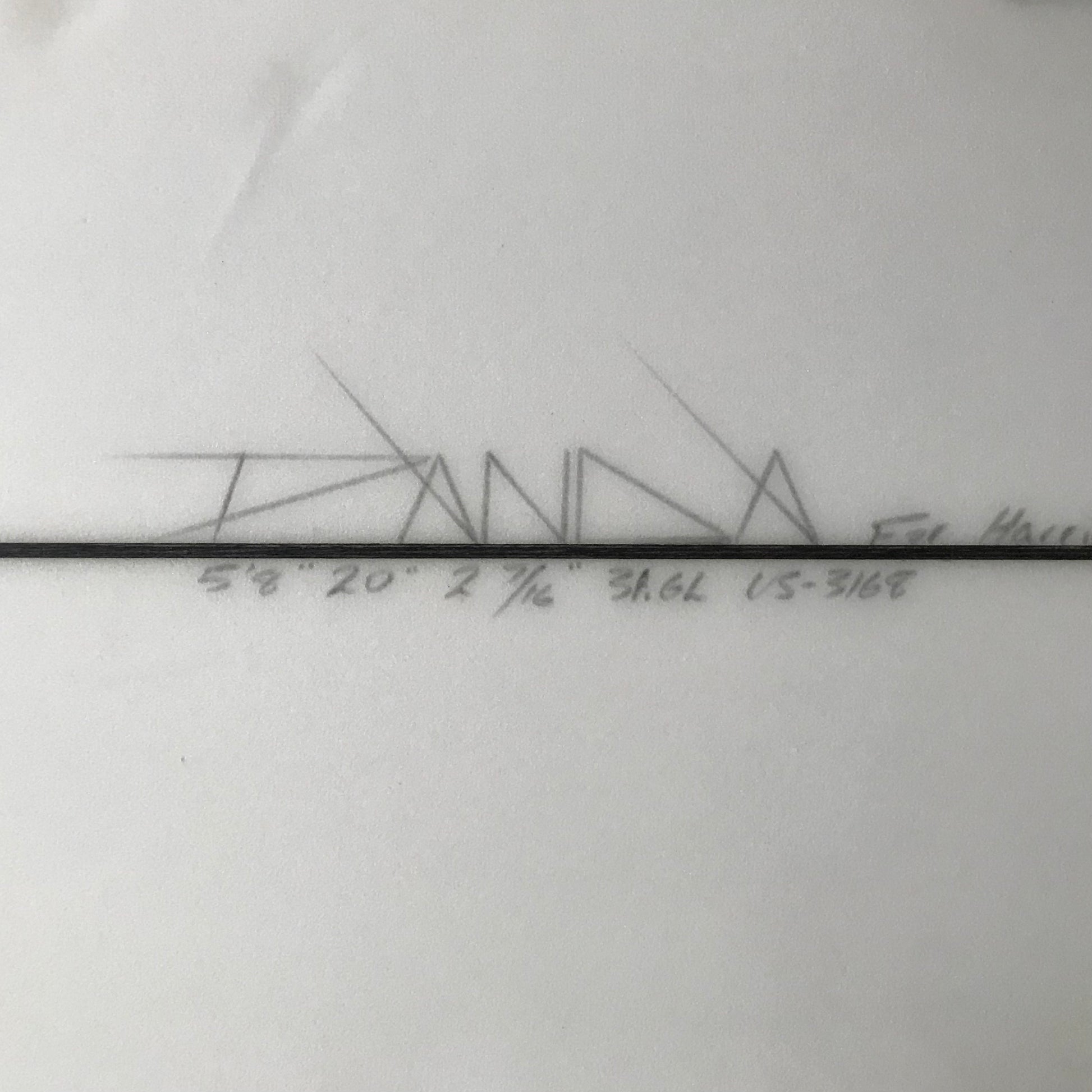 Panda Surfboards Rocket Fish Quad 5'8" secondhand surfboard dimensions close-up