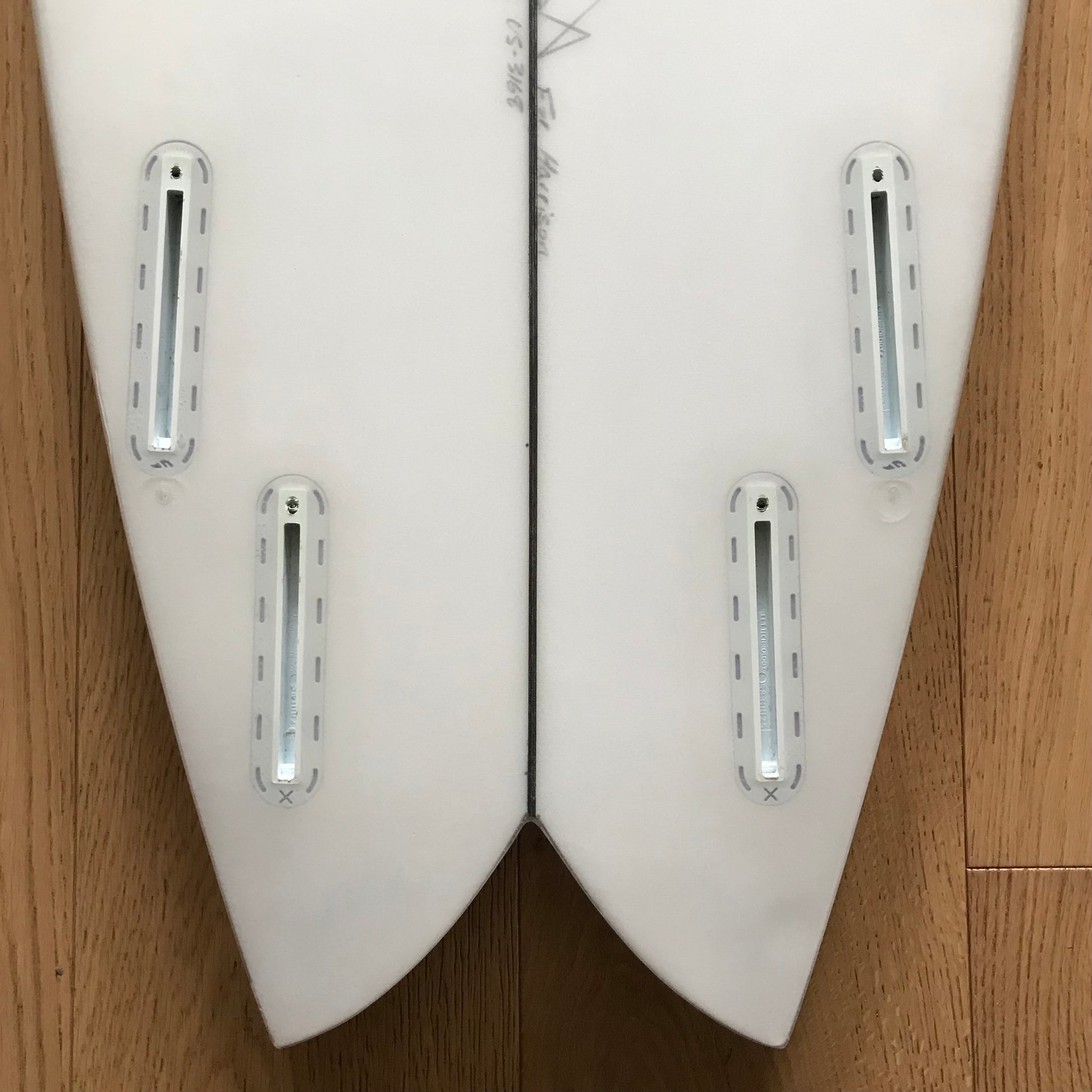 Panda Surfboards Rocket Fish Quad 5'8" secondhand surfboard fin box close-up