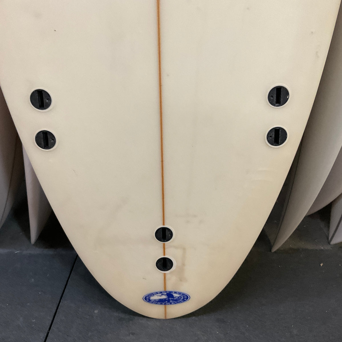 Prime fibreglass shortboard 6'8" secondhand surfboards fin box close-up