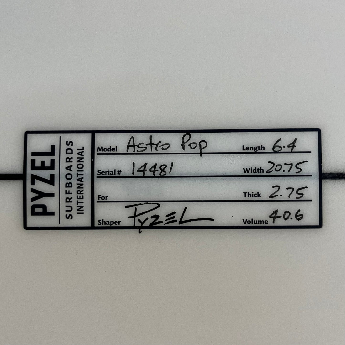 Pyzel Astro Pop 6'4" secondhand surfboard dimensions close-up