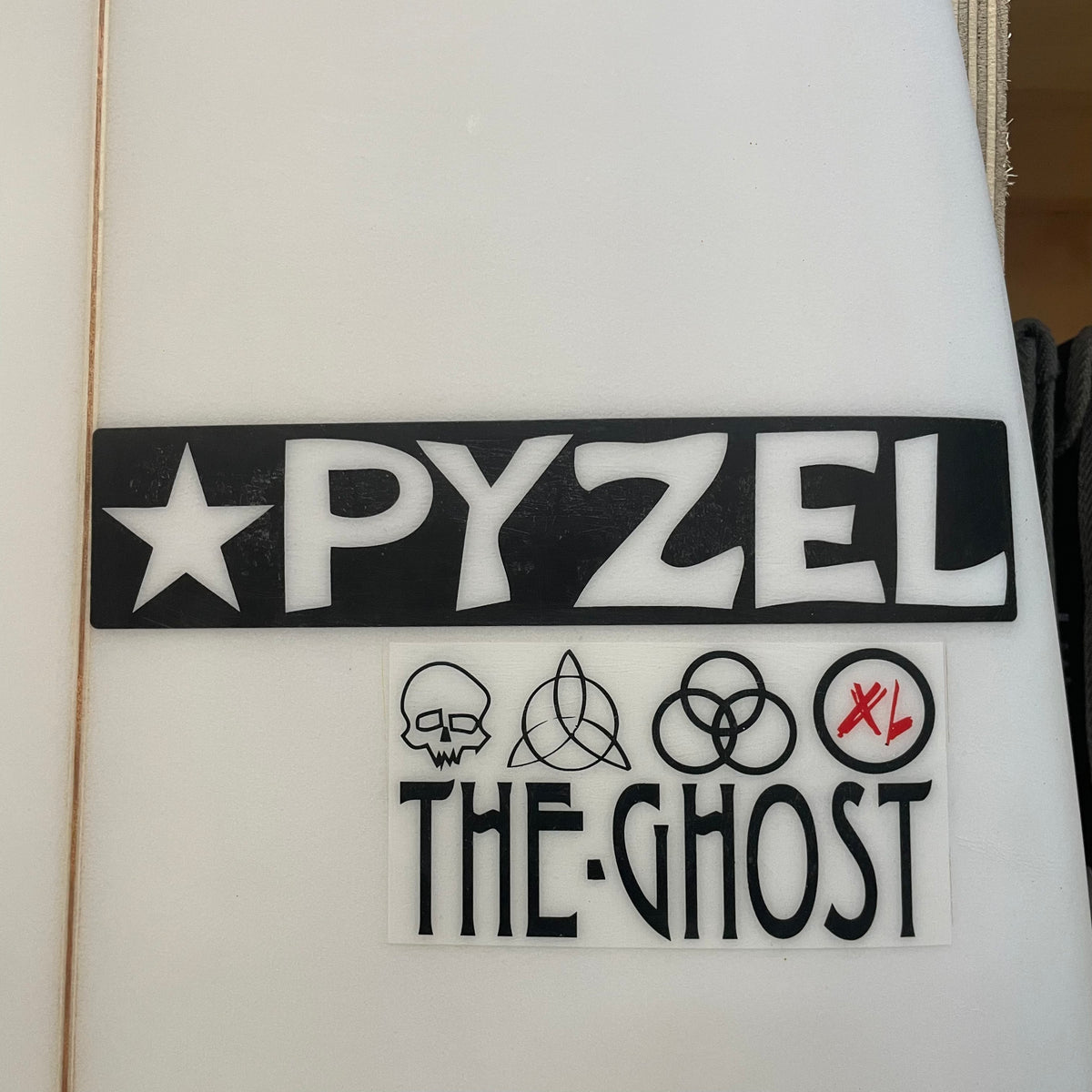 Pyzel Ghost XL 6'2" secondhand surfboards brand logo close-up