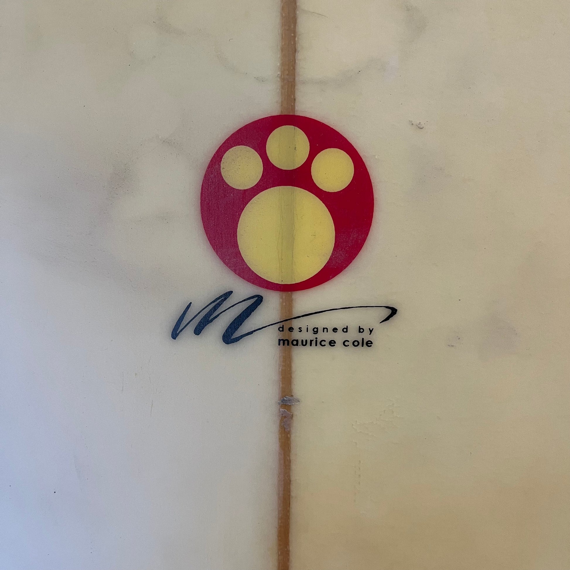 Rip Curl Maurice Cole thruster 6'5" secondhand surfboard model logo close-up