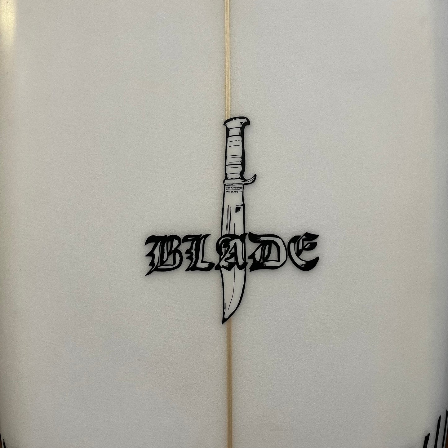 Rusty Blade rounded pin 6'3" secondhand surfboard model logo close-up