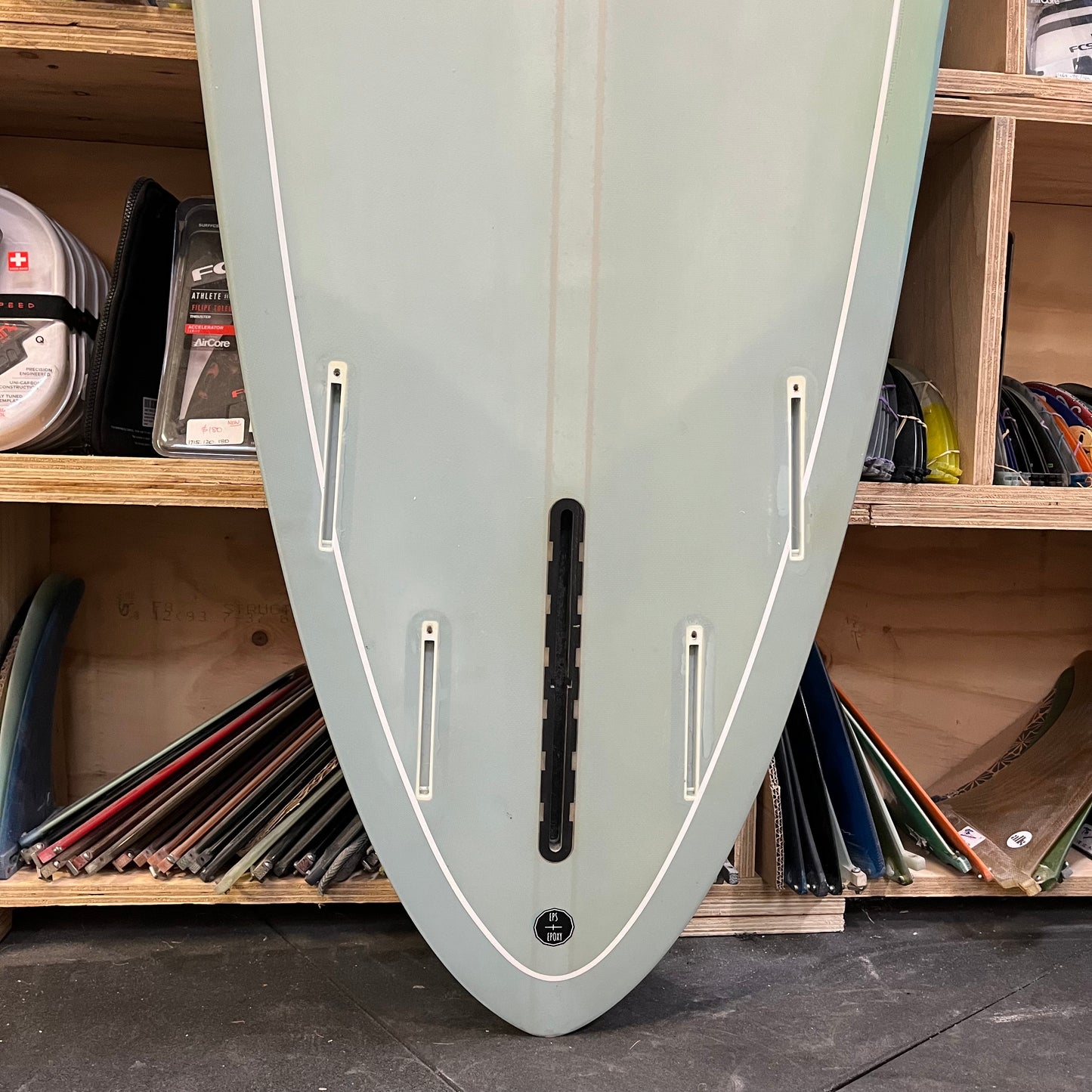 Sanctum Surfboards Magic Carpet 8'2" secondhand surfboard fin box close-up