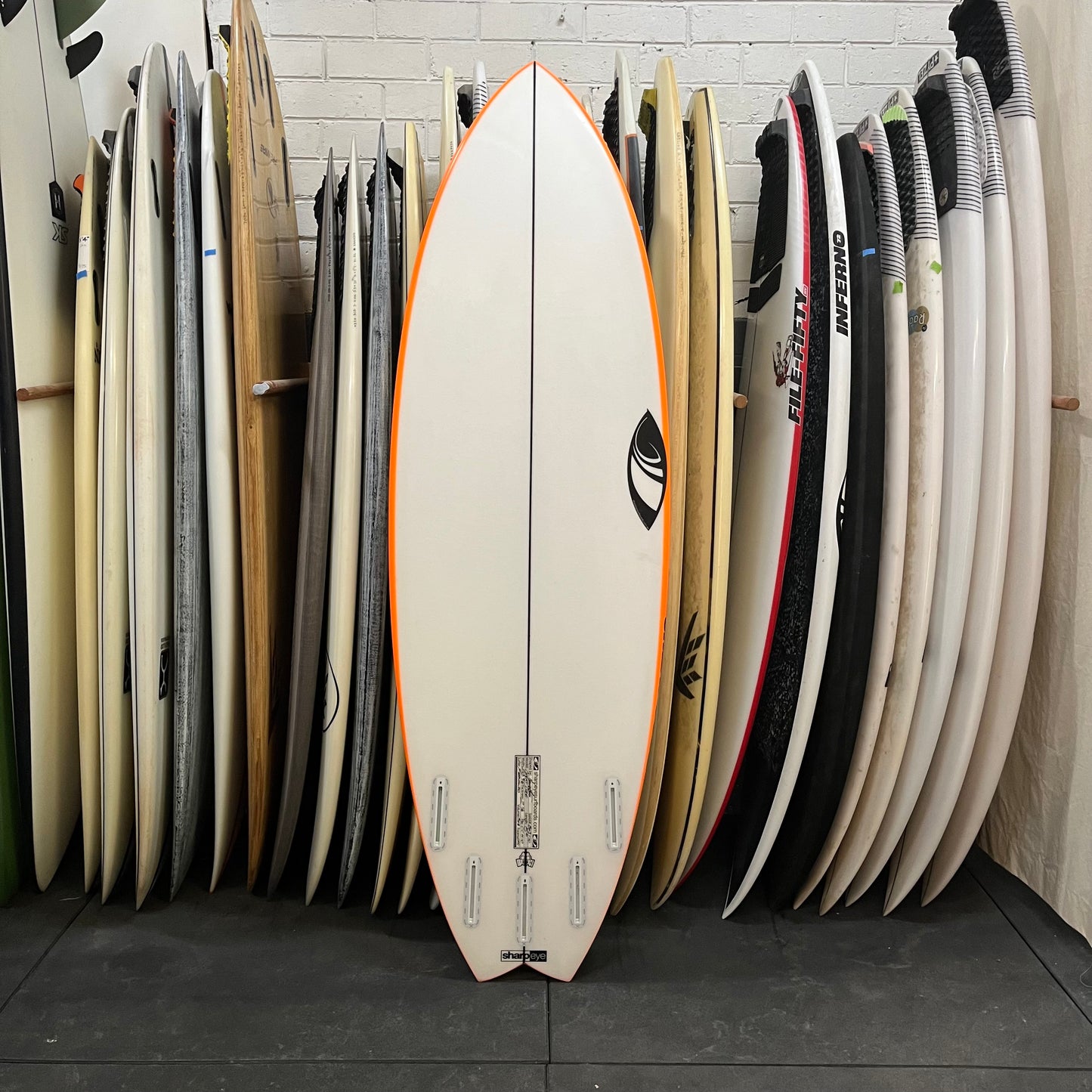 Sharpeye Cheat Code 5'10" secondhand surfboard bottom view