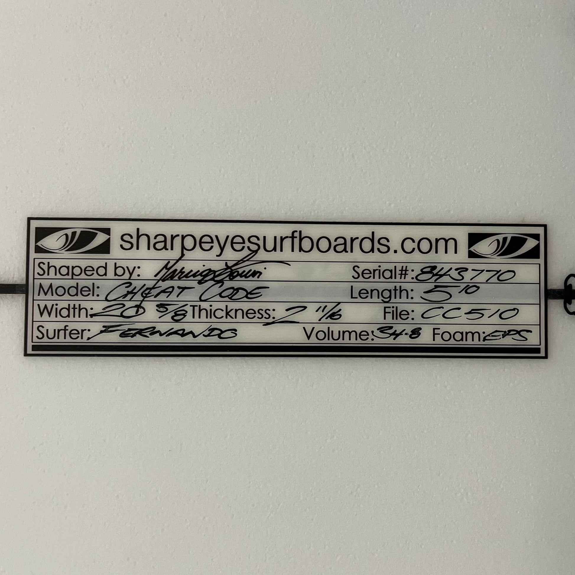 Sharpeye Cheat Code 5'10" secondhand surfboard dimensions close-up