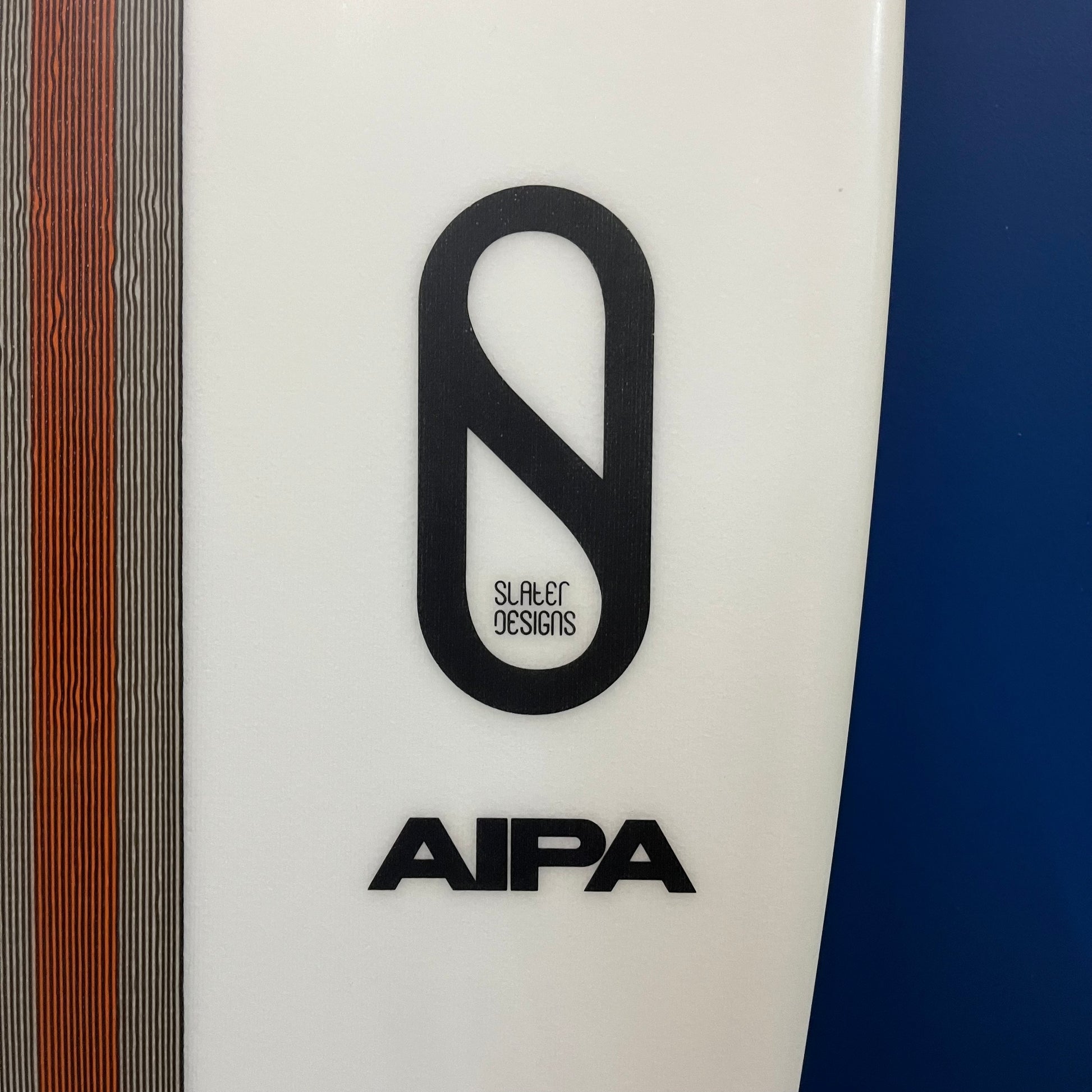 Slater Designs Flat Earth 5'10" secondhand surfboard brand logo close-up