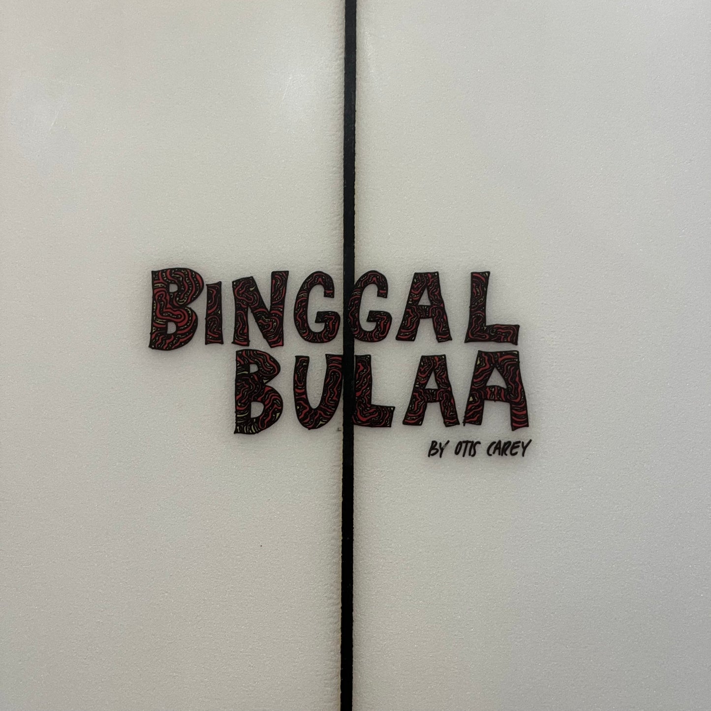 Stacey Binggal Bulaa 6'4" secondhand surfboard model logo close-up