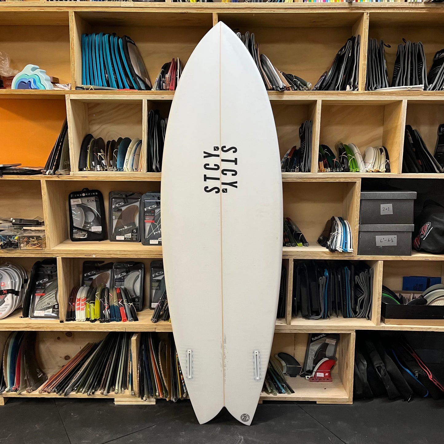 Stacey Times Two 5'10" secondhand surfboard bottom view
