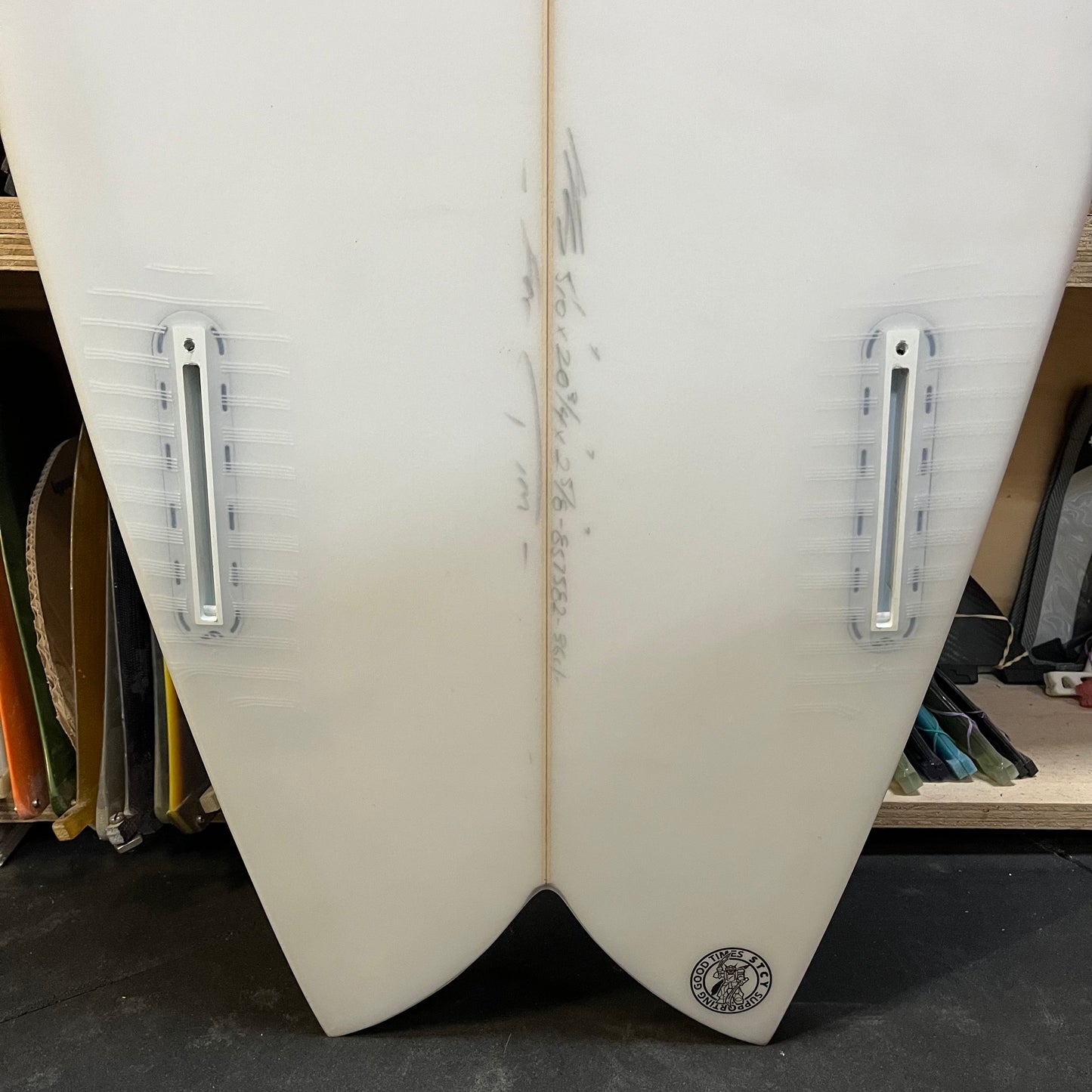 Stacey Times Two 5'10" secondhand surfboard fin box close-up