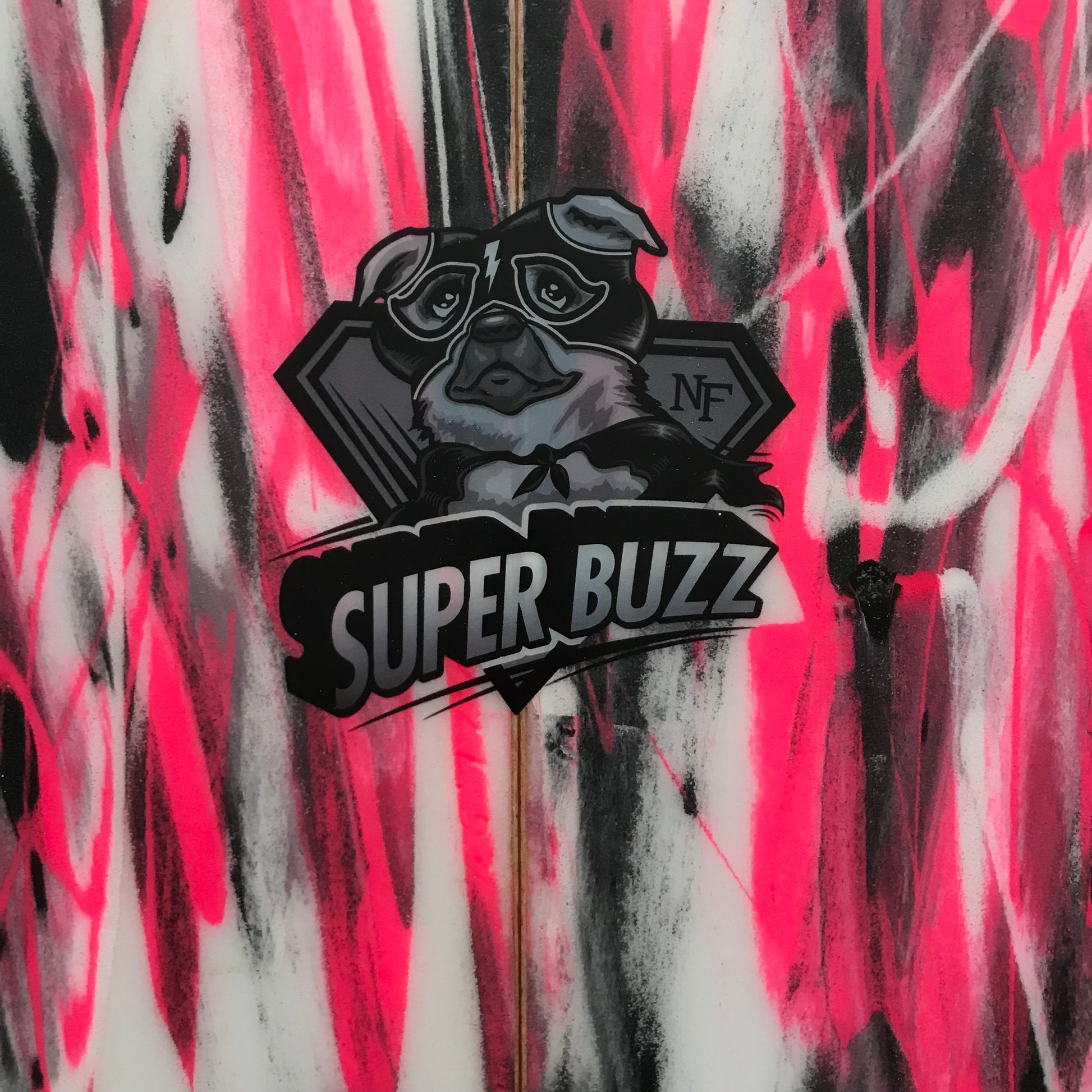 Stretch Super Buzz 5'6" secondhand surfboard model logo close-up