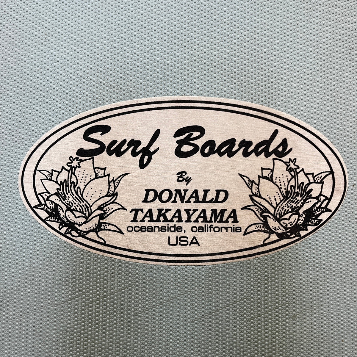 Takayama In The Pink softtop 9'0" secondhand surfboards brand logo close-up