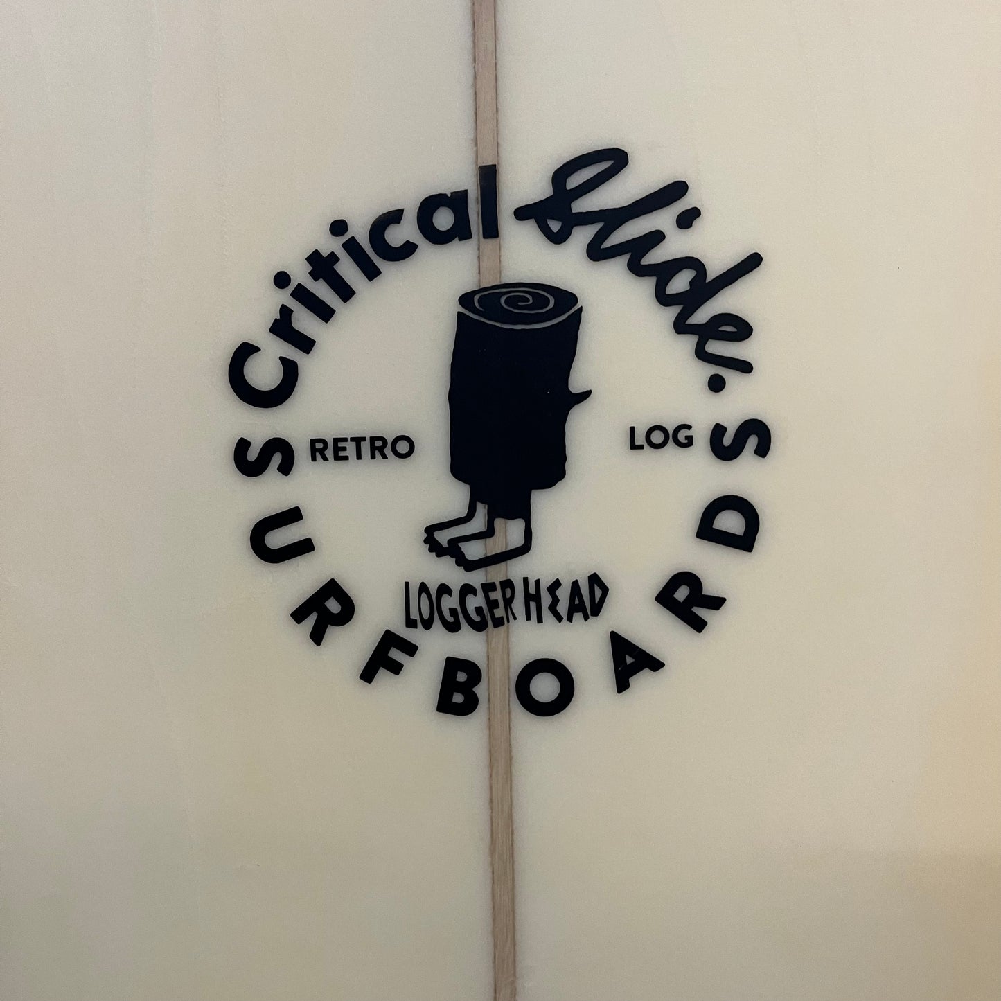 Critical Slide Surfboards Loggerhead 9'2" secondhand surfboard brand logo close-up