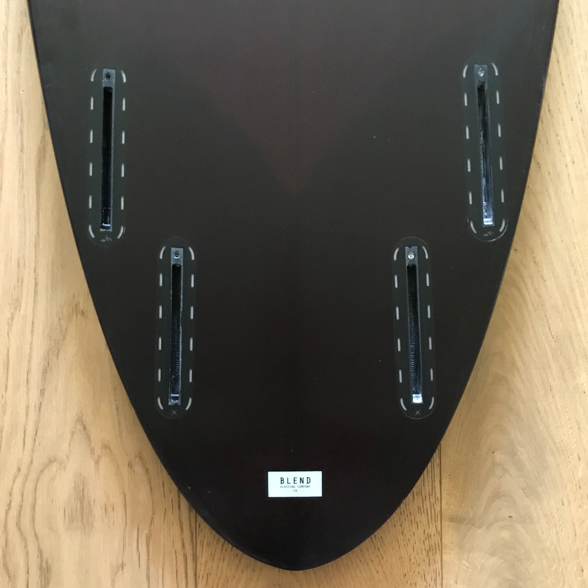 Tyler Warren Shapes Quadratic Formula 5'11" secondhand surfboard fin box close-up