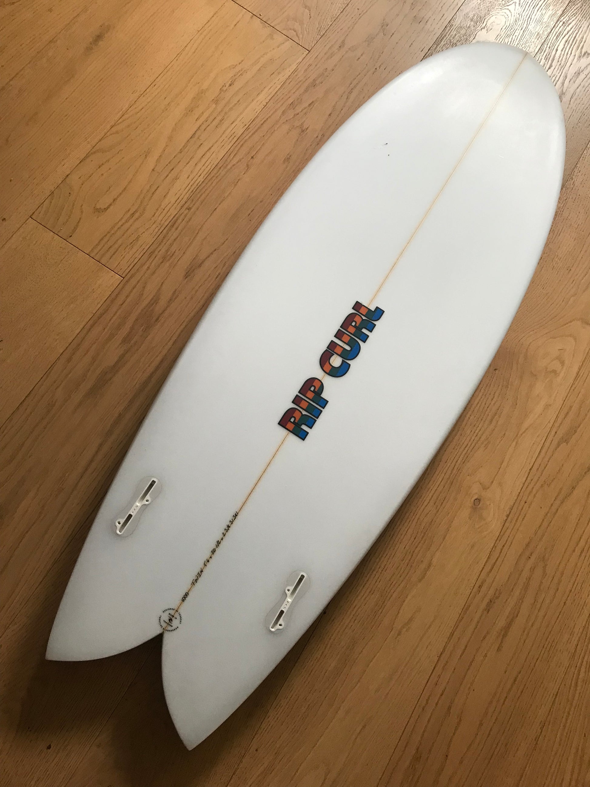 Rip Curl twin fin 5'6" secondhand surfboard bottom view
